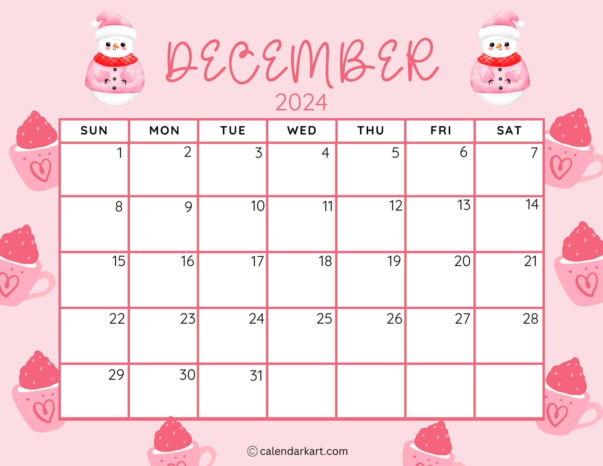 40 Printable December 2024 Calendars | Free Pdf - Calendarkart for Cute December Calendar 2024 Printable