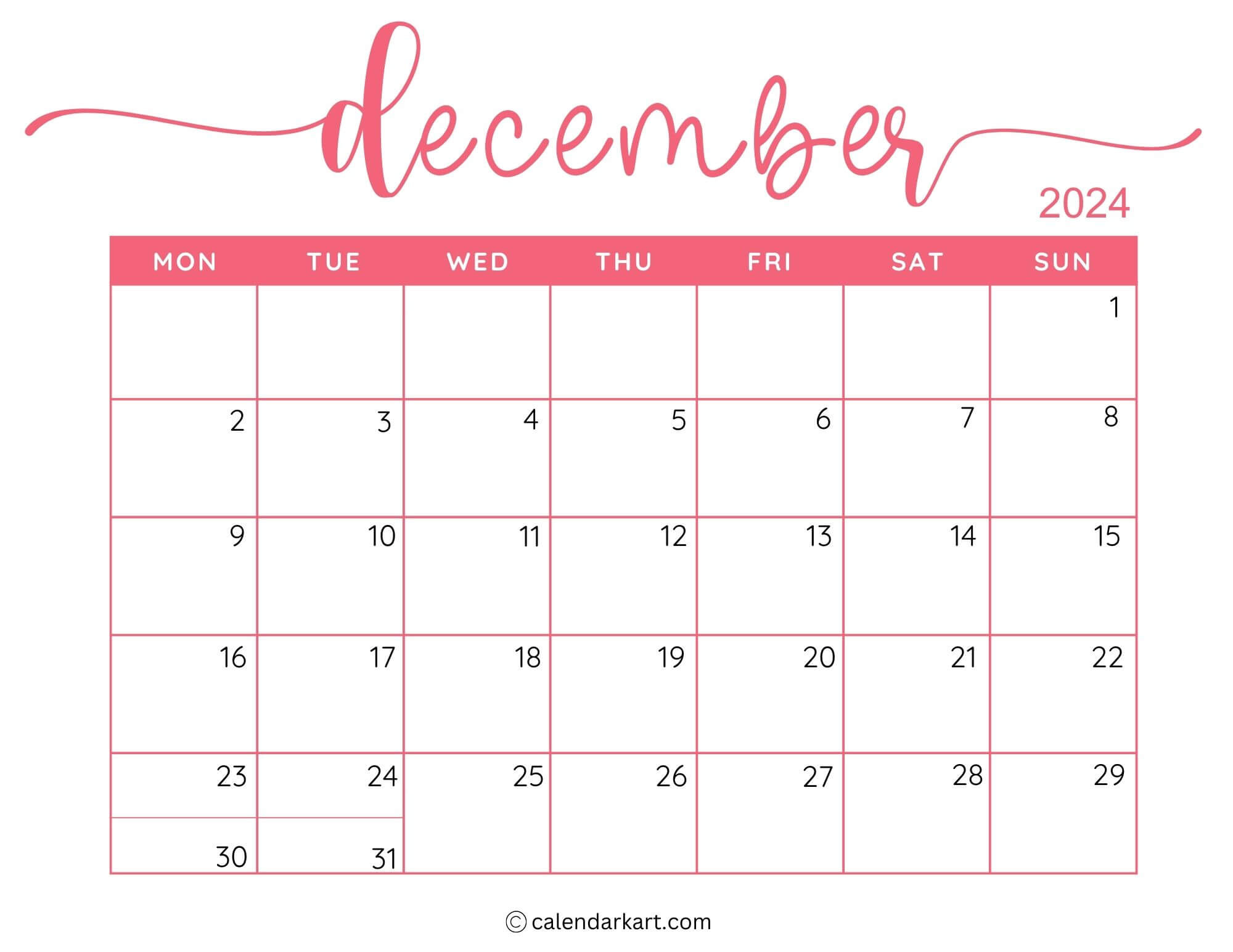 40 Printable December 2024 Calendars | Free Pdf - Calendarkart inside December 2024 Calendar Printable Start On Monday