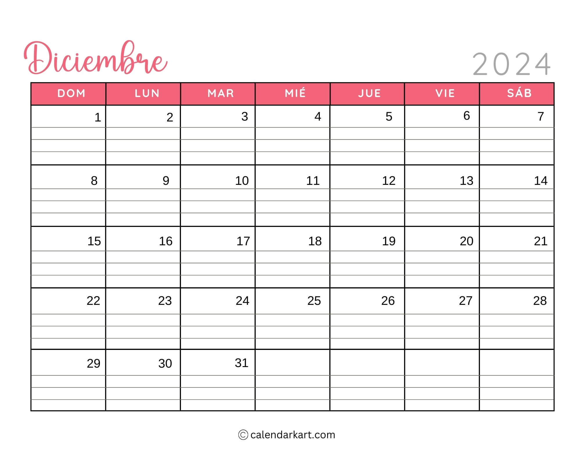 40 Printable December 2024 Calendars | Free Pdf - Calendarkart inside December 2024 Calendar with Lines Printable