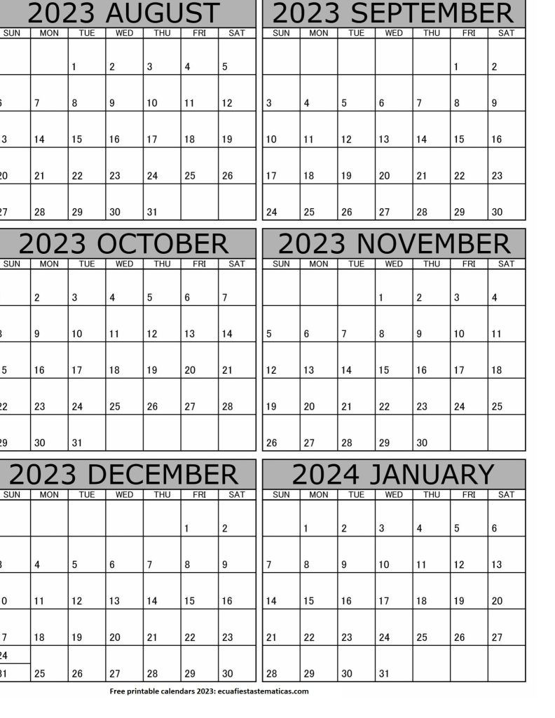 August 2023 To January 2024 Calendar Templates for Calendar 2024 From July to December Printable