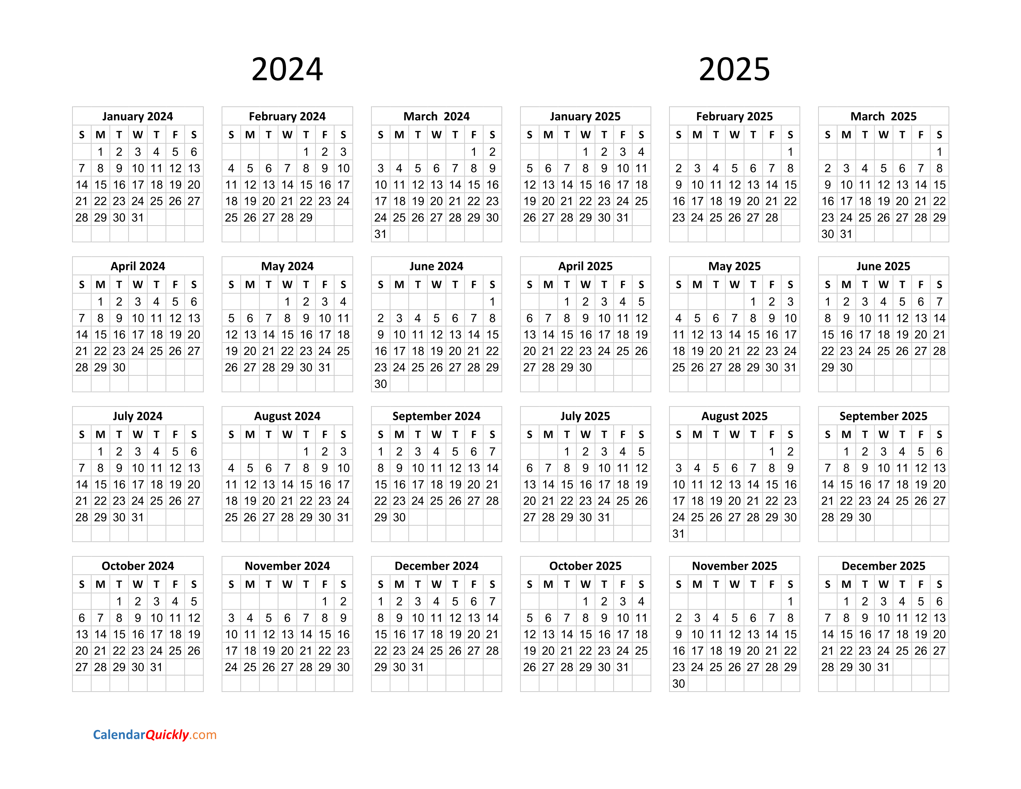 Calendar 2024 And 2025 On One Page | Calendar Quickly intended for 2024 and 2025 Calendar Printable December