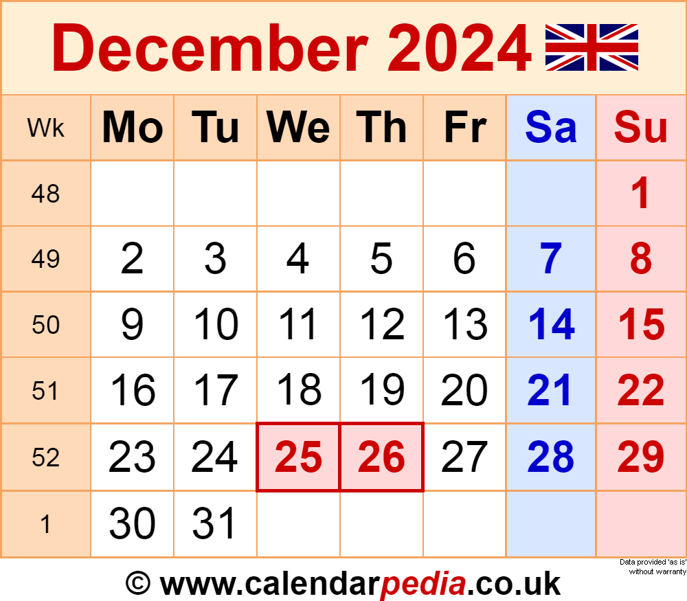 Calendar December 2024 Uk With Excel, Word And Pdf Templates regarding December 2024 Calendar Printable UK