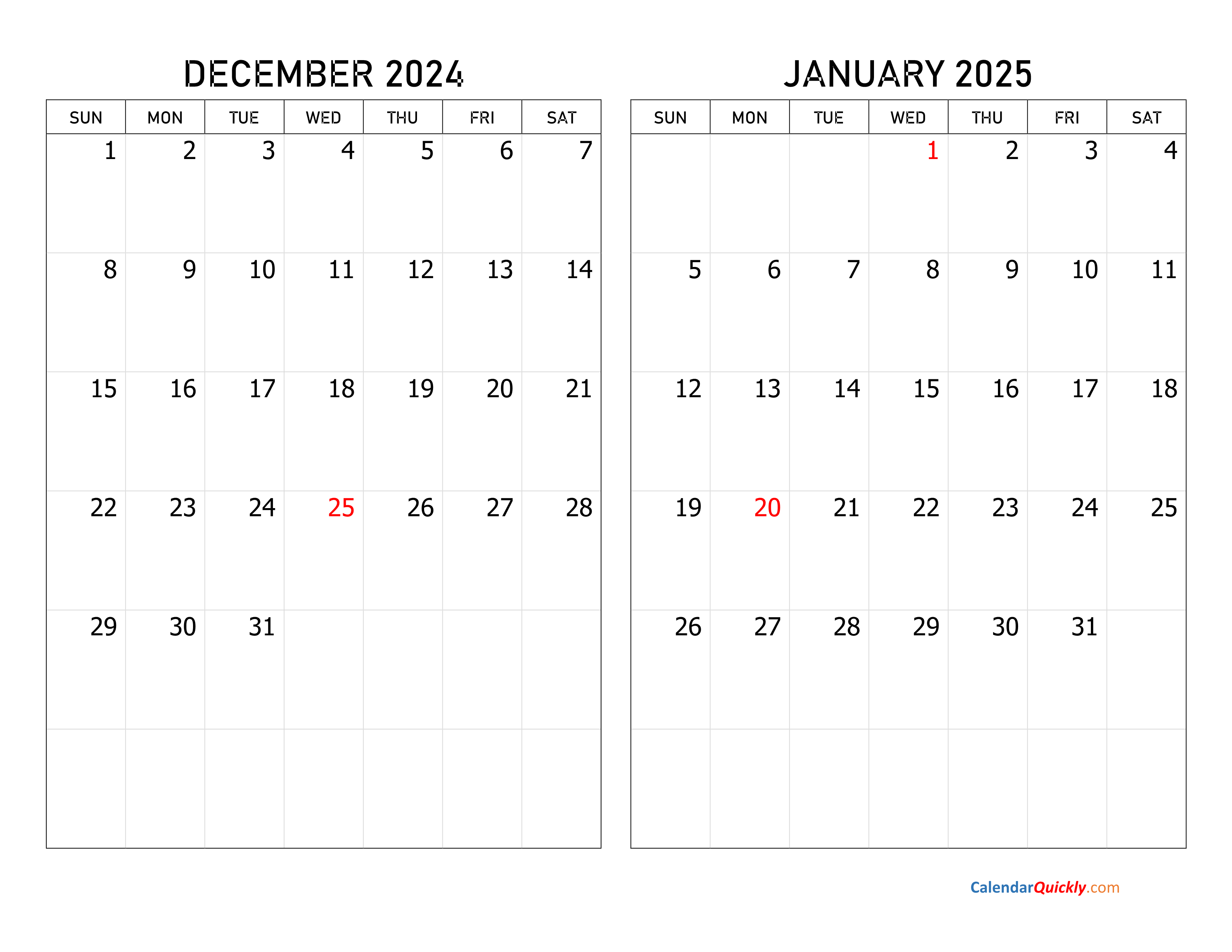 December 2024 And January 2025 Calendar | Calendar Quickly in Free Printable December 2024 January 2025 Calendar