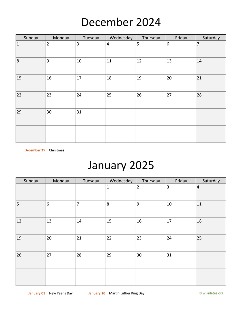 December 2024 And January 2025 Calendar | Wikidates for December 2024 January 2025 Printable Calendar