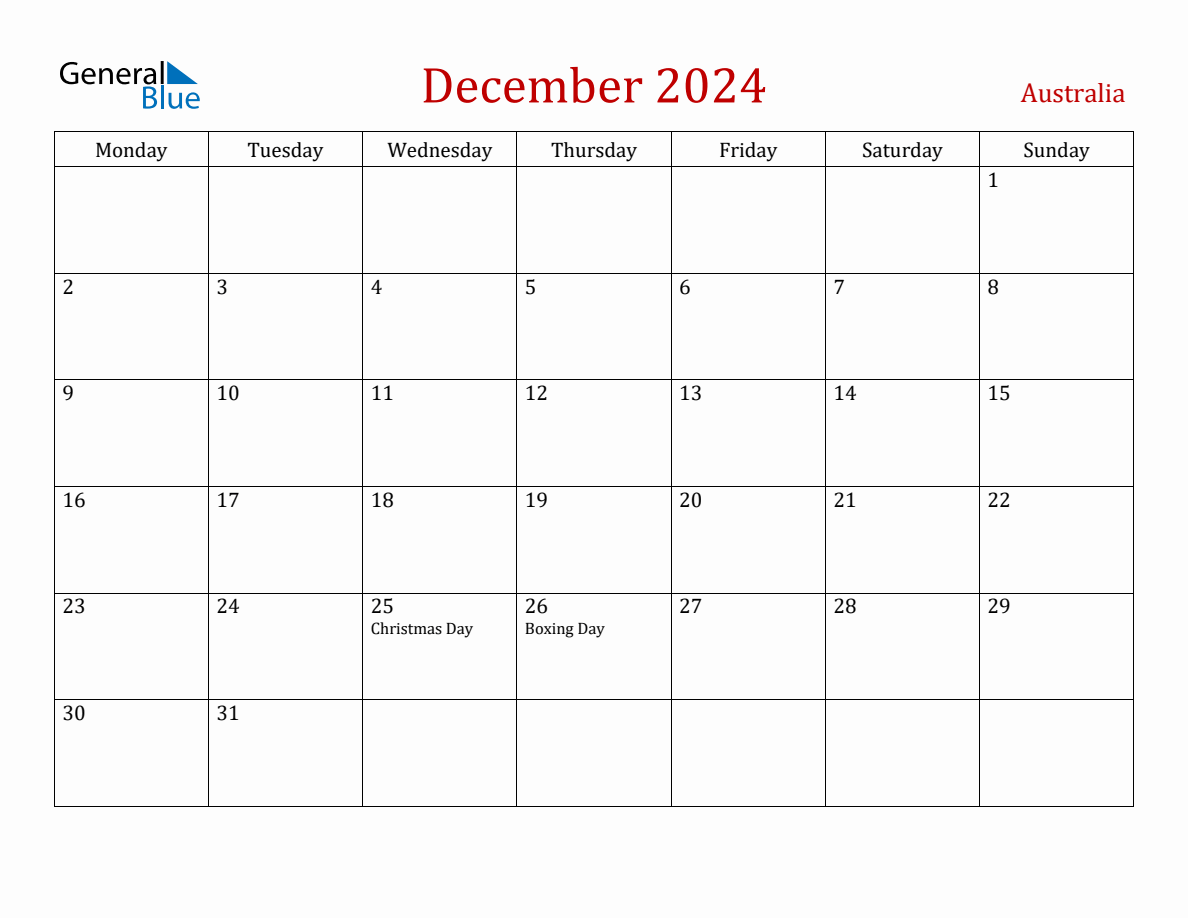 December 2024 Australia Monthly Calendar With Holidays within Calendar December 2024 Australia Printable