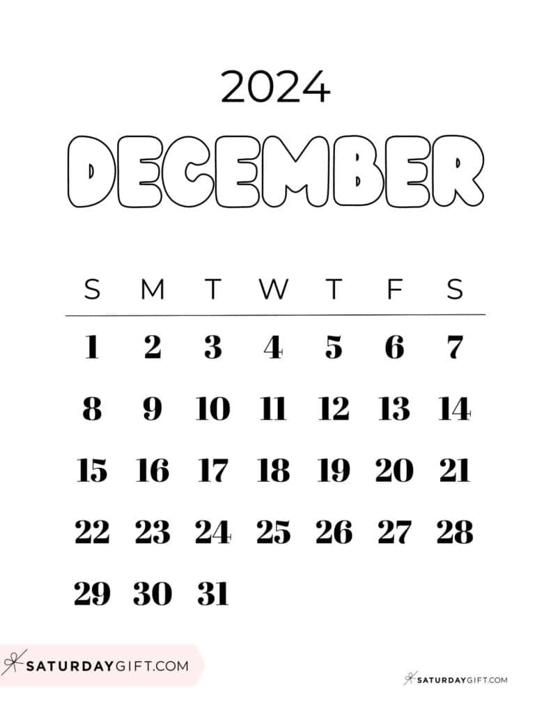 December 2024 Calendar - 20 Cute &amp;amp; Free Printables | Saturdaygift in Cute Printable December 2024 Calendar Large Print