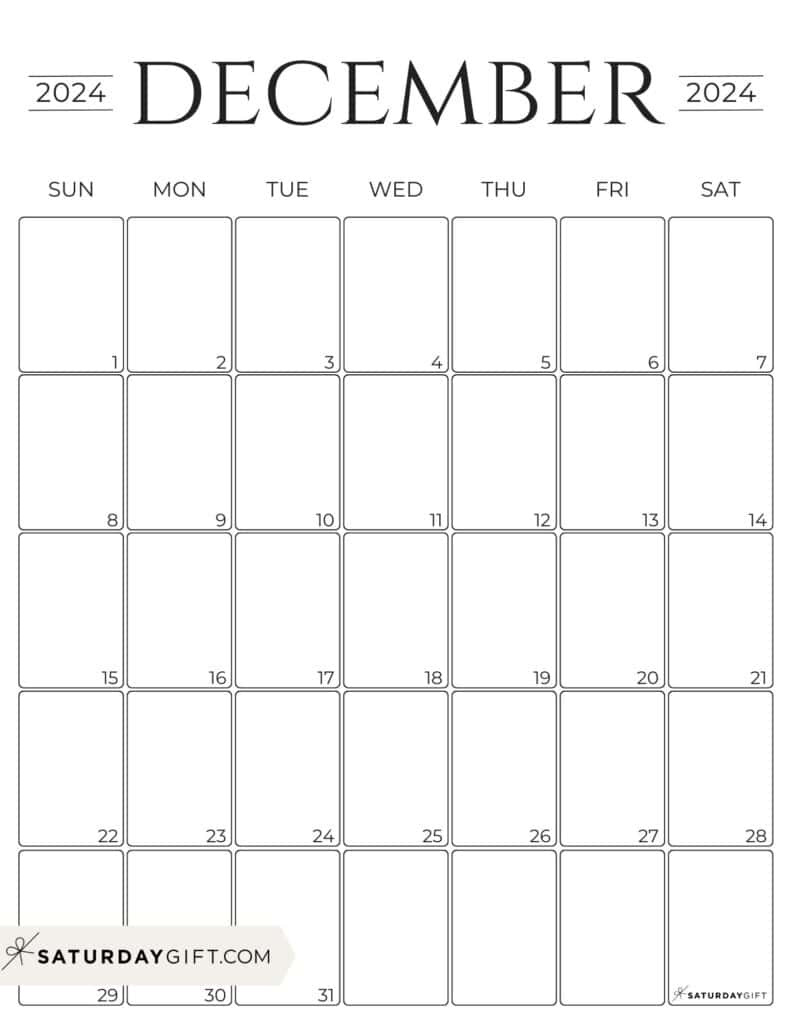 December 2024 Calendar - 20 Cute &amp; Free Printables | Saturdaygift inside December 2024 Calendar Printable Portrait