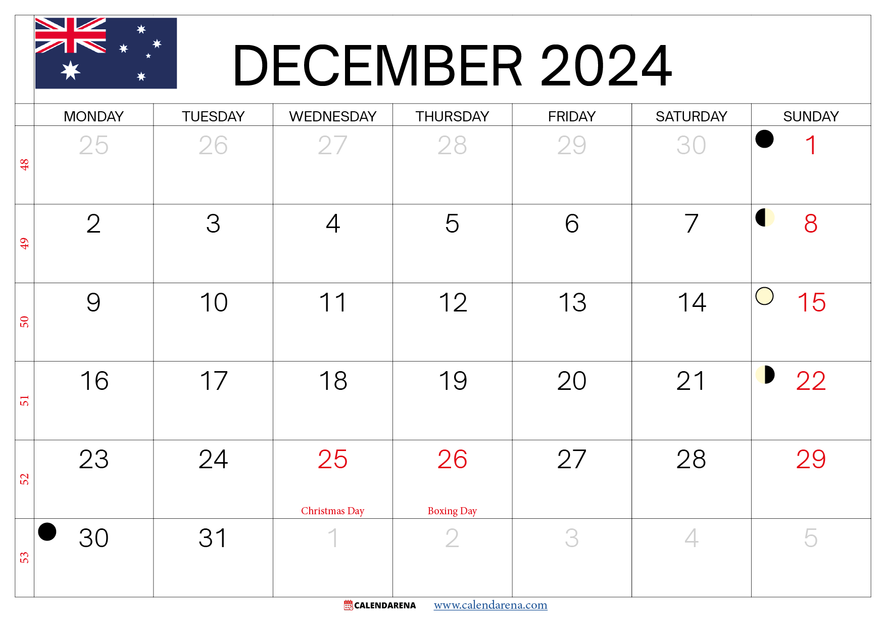 December 2024 Calendar Australia throughout 2024 December Calendar Printable Australia