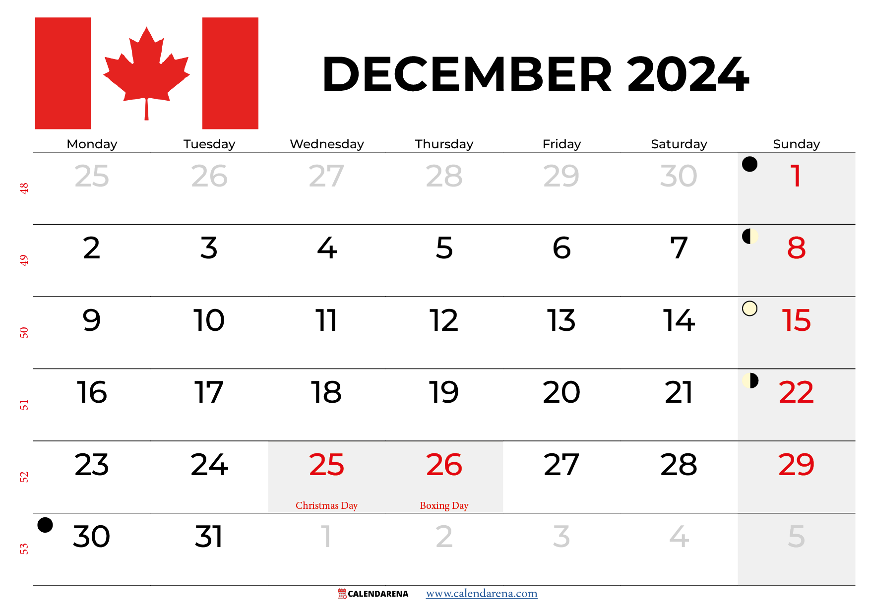 December 2024 Calendar Canada Printable intended for December 2024 Calendar Printable Waterproof