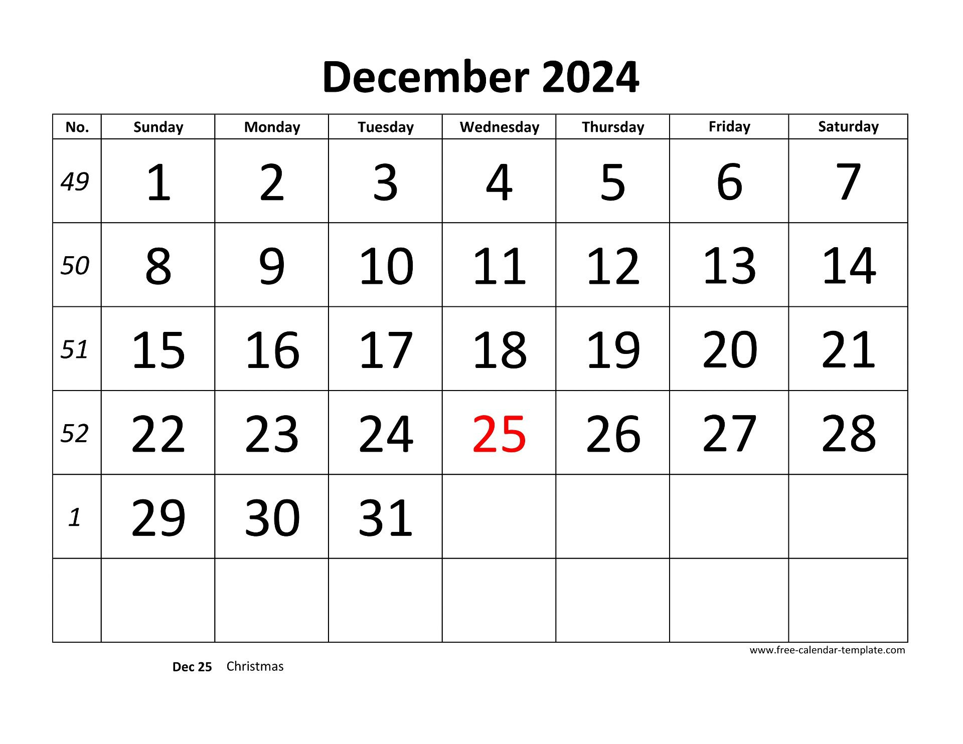 December 2024 Calendar Designed With Large Font (Horizontal regarding Big Printable Calendar December 2024