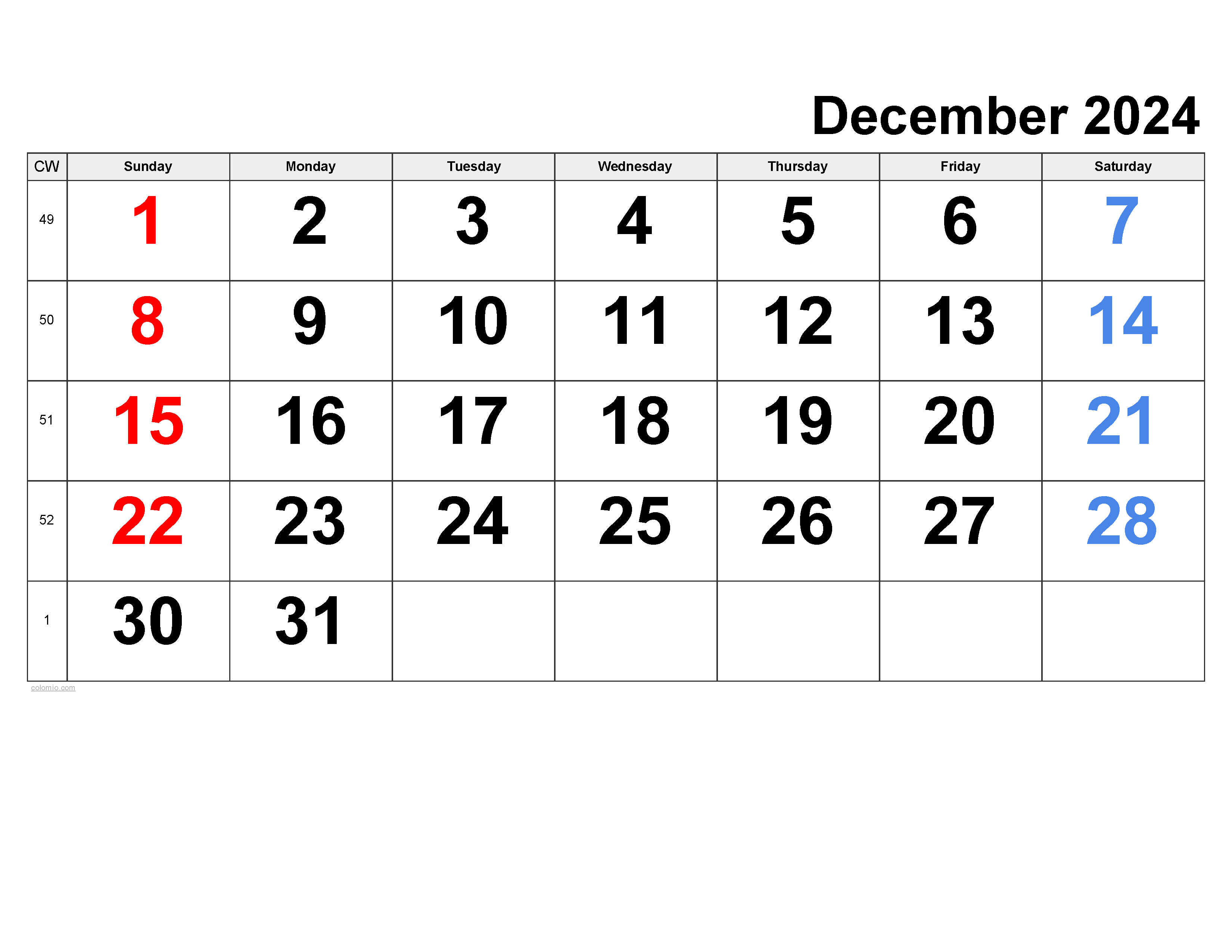 December 2024 Calendar | Free Printable Pdf, Xls And Png in December 2024 Calendar Numbers Printable