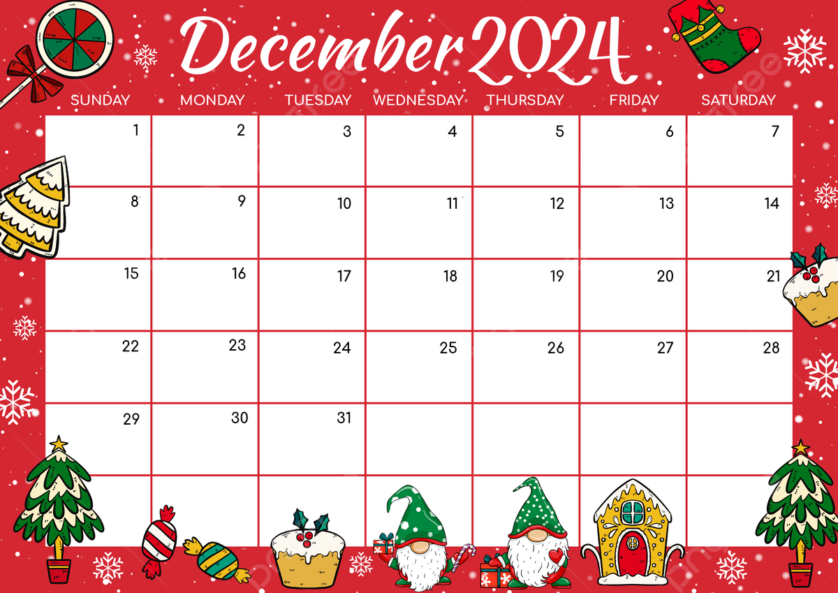 December 2024 Calendar Multicolor Cartoon Style Christmas Template intended for December 2024 Calendar Free Printable Clipart