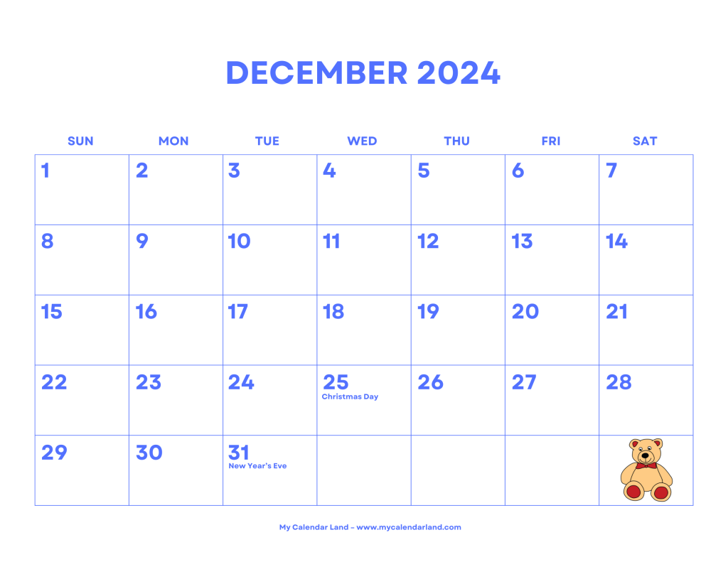 December 2024 Calendar – My Calendar Land with December 2024 Calendar with Holidays First Printable