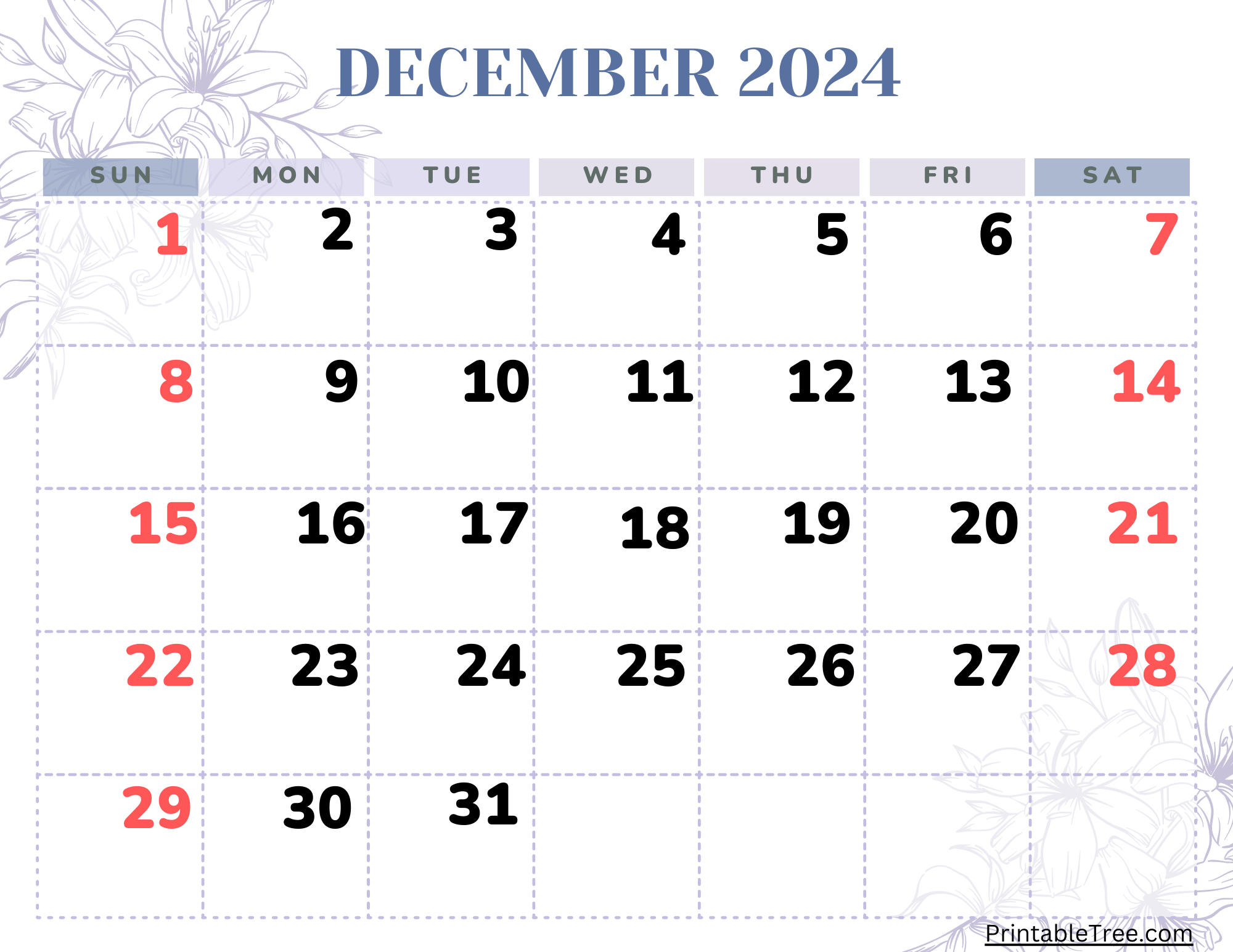 December 2024 Calendar Printable Pdf Blank Free Templates for Free Printable December 2024 Calendar Numbers