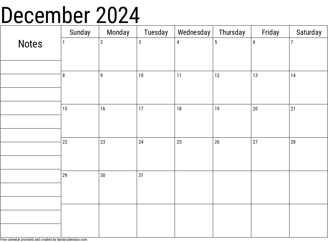 December 2024 Calendar With Notes - Handy Calendars pertaining to Calendar 2024 December Printable With Notes