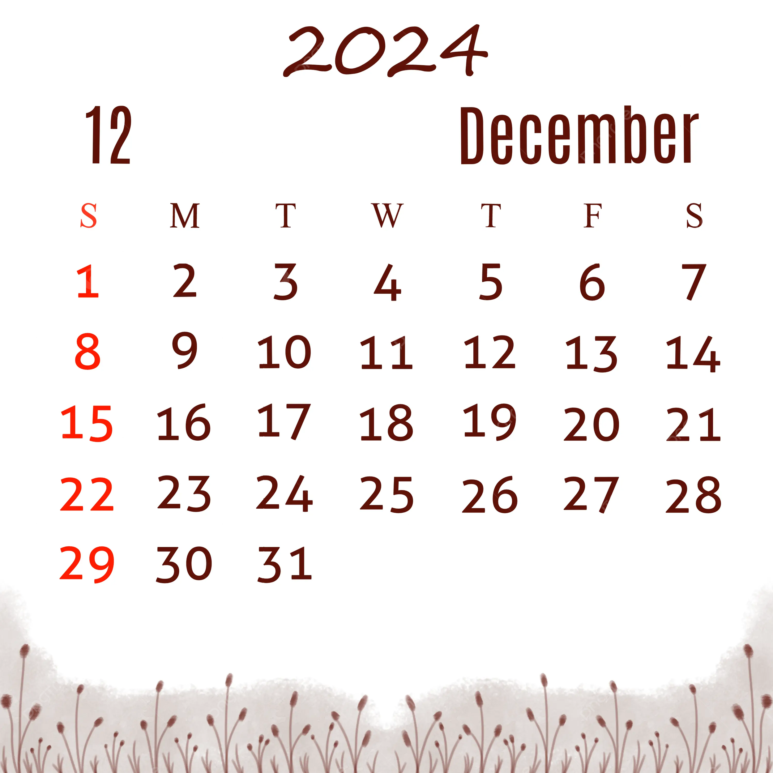 December 2024 Calendar With White Background And Brown Flowers throughout December 2024 Calendar Printable Clipart