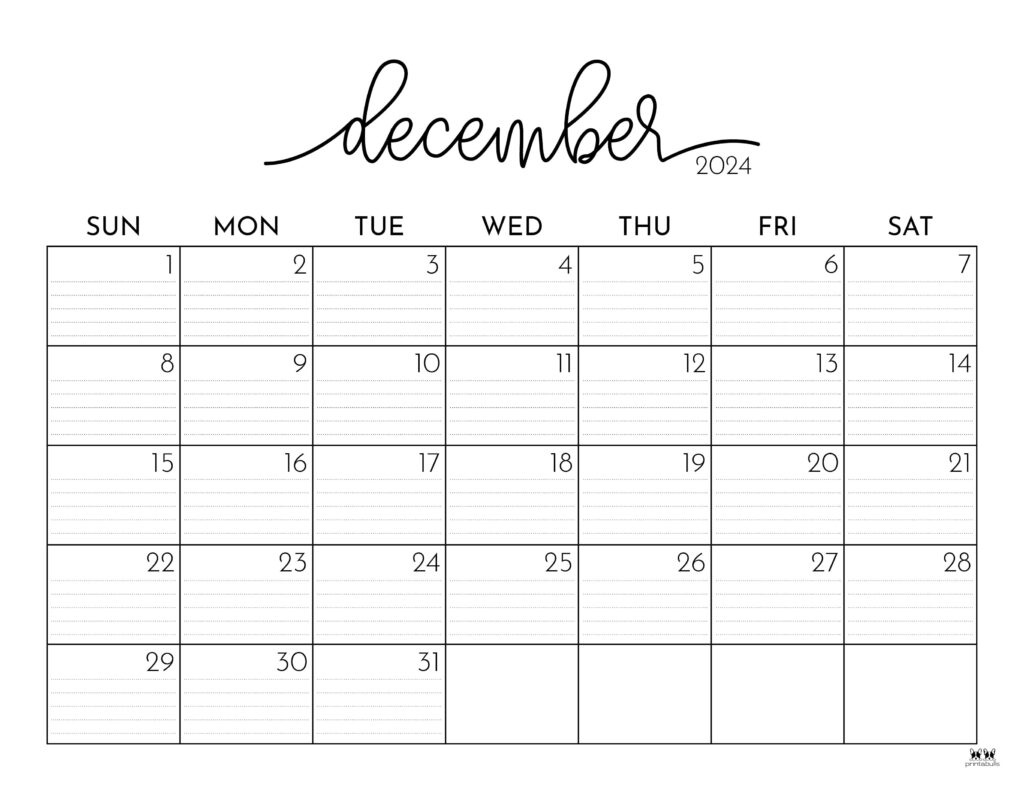 December 2024 Calendars - 50 Free Printables | Printabulls for 2024 December Calendar With Holidays Printable