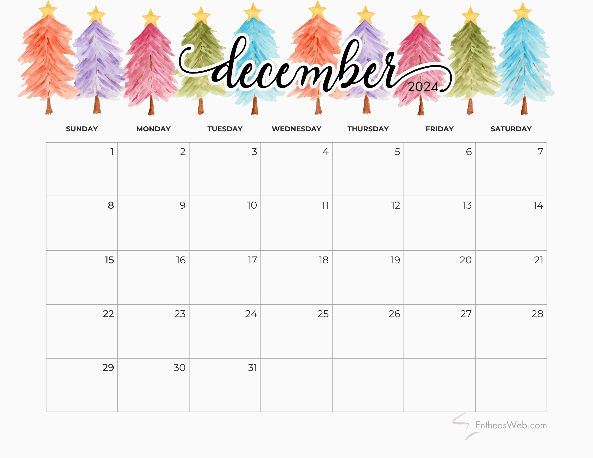 December 2024 Calendars | Entheosweb for Christmas Cute December 2024 Calendar Printable