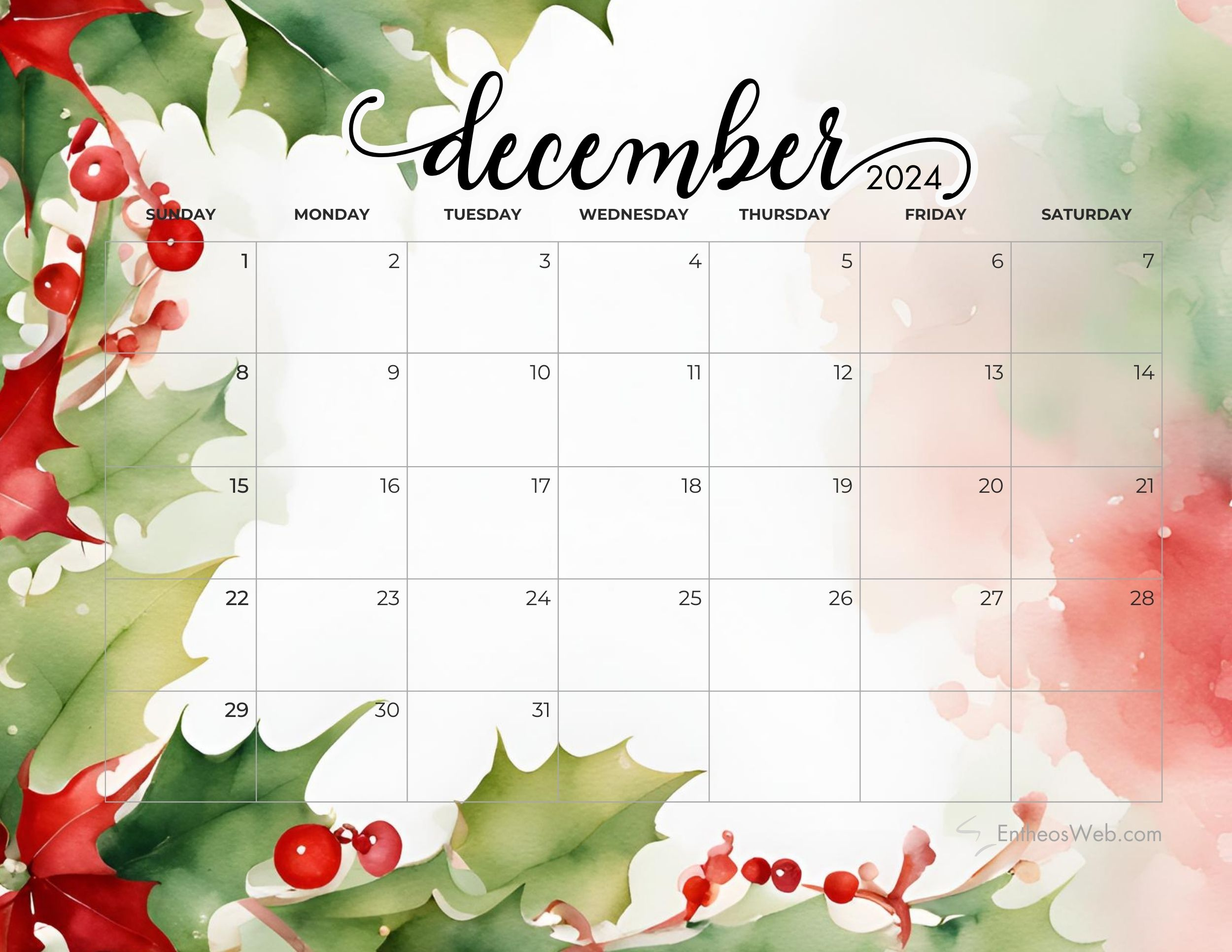 December 2024 Calendars | Entheosweb with December 2024 Color Coded Calendar Pages Printable