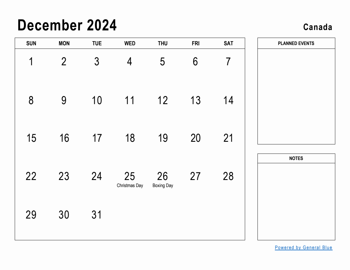 December 2024 Planner With Canada Holidays in December 2024 Calendar Canada Printable