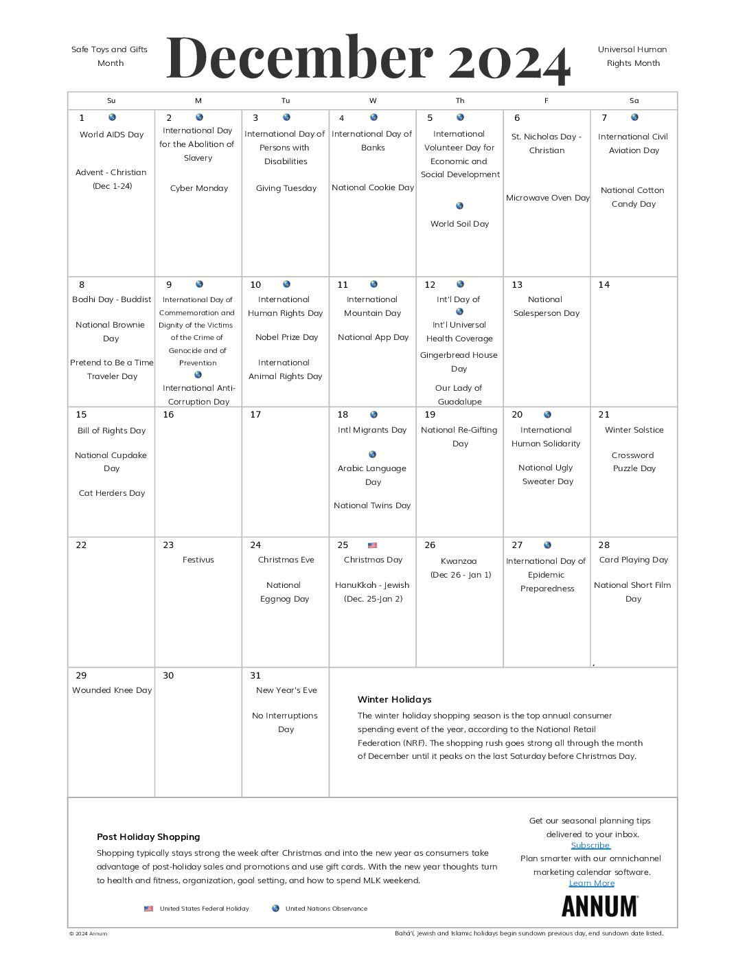 December 2024 Printable Calendar | December Holidays | Annum for December 2024 Calendar Holiday Printable