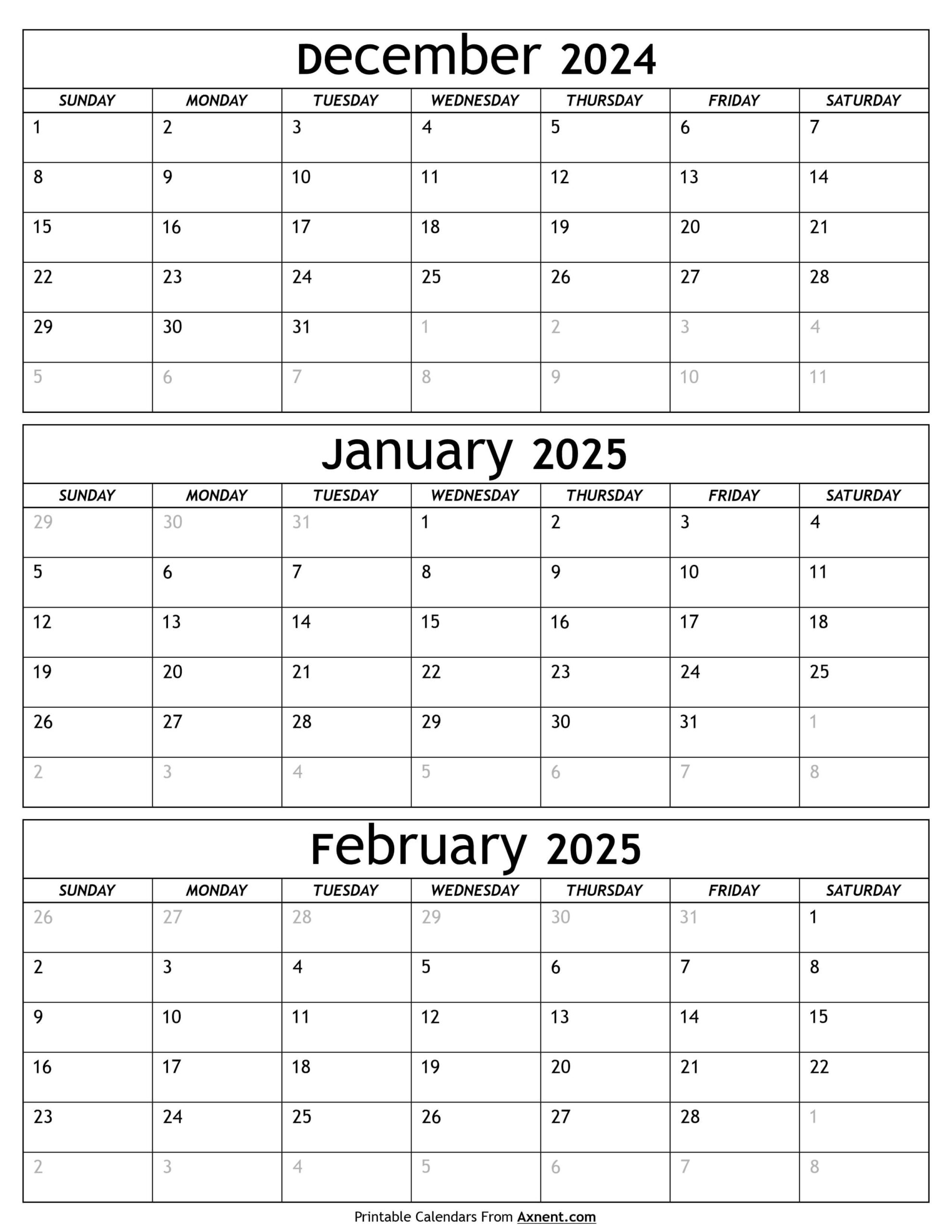 December 2024 To February 2025 Calendar Template - Three Months intended for Printable 3 Month Calendar December 2024 - January February 2025