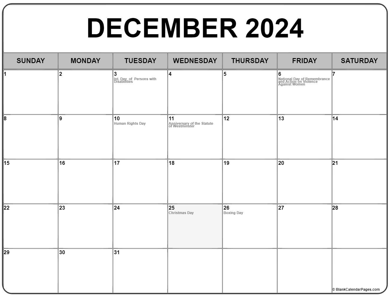 December 2024 With Holidays Calendar pertaining to December 2024 Calendar Printable Canada