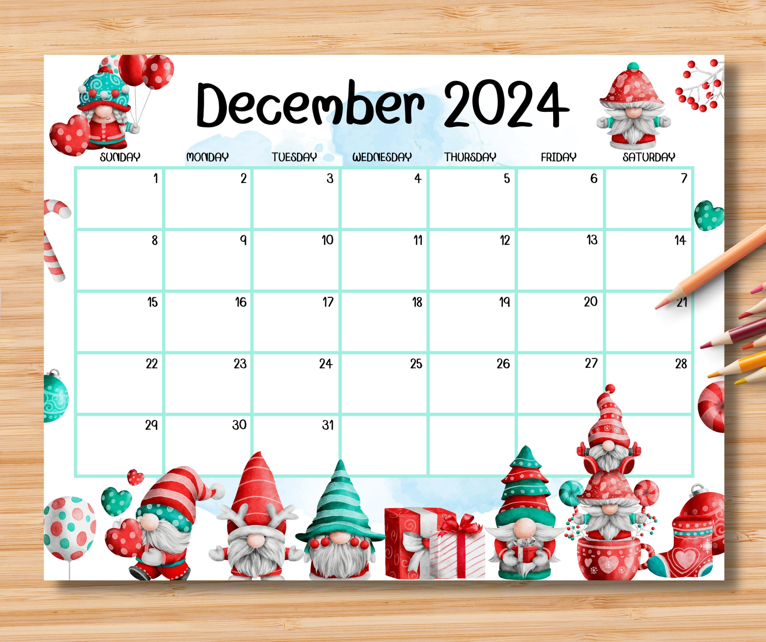 Editable December 2024 Calendar, Adorable Christmas W/ Cute Gnomes for Cute 2024 December Printable Calendar