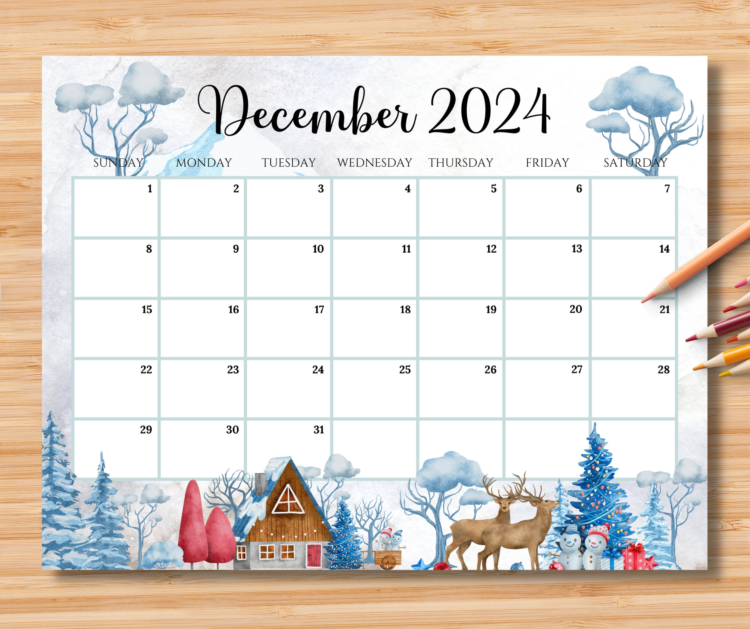 Editable December 2024 Calendar, Beautiful Winter In A Highland in 2024 December Calendar Printable Australia