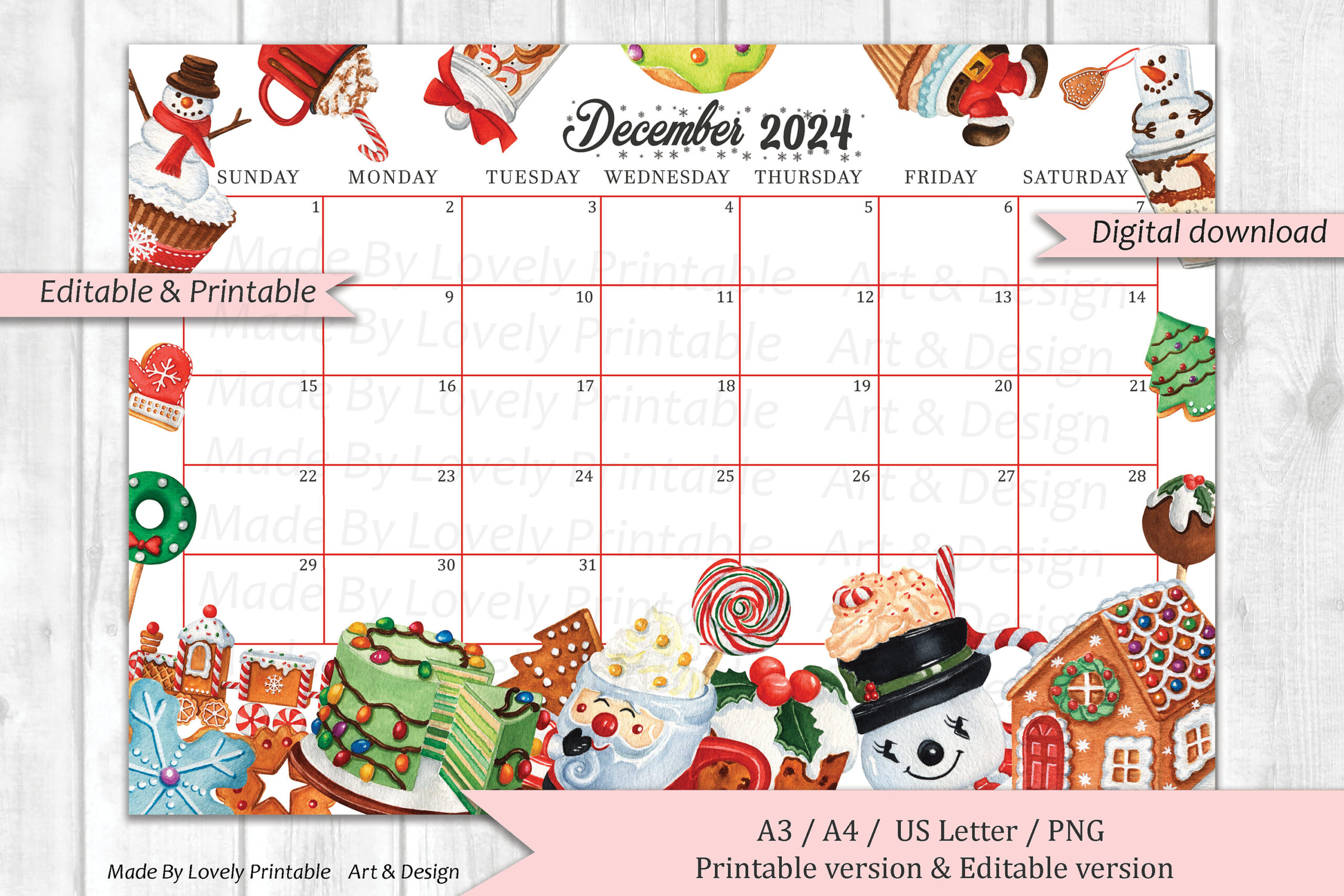 Editable December 2024 Calendar, Christmas Sweets &amp;amp; Drinks for Christmas Calendar December 2024 Printable