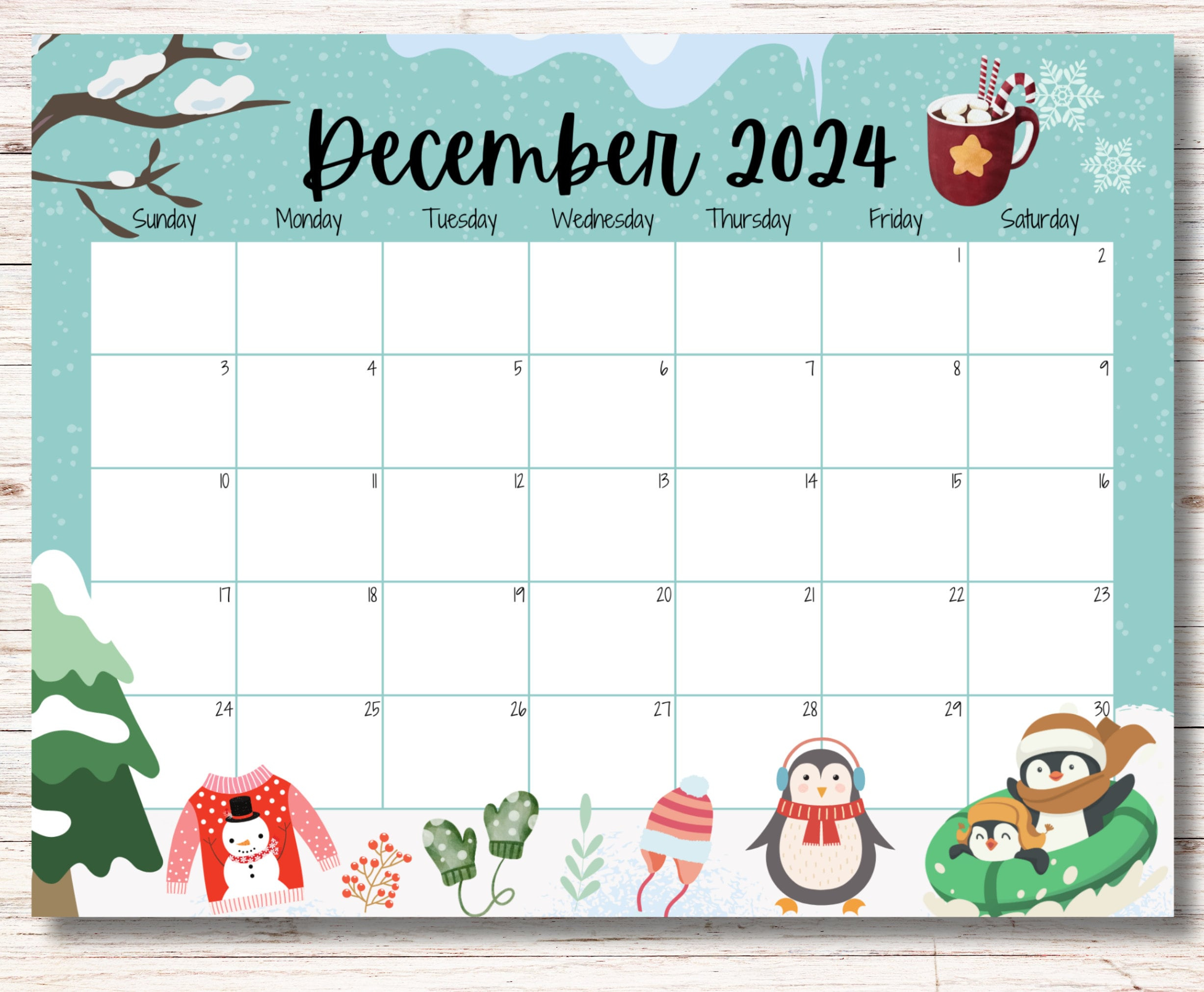 Editable December 2024 Calendar, Cute Penguins, Beautiful Winter regarding December 2024 Calendar Printable Penguin