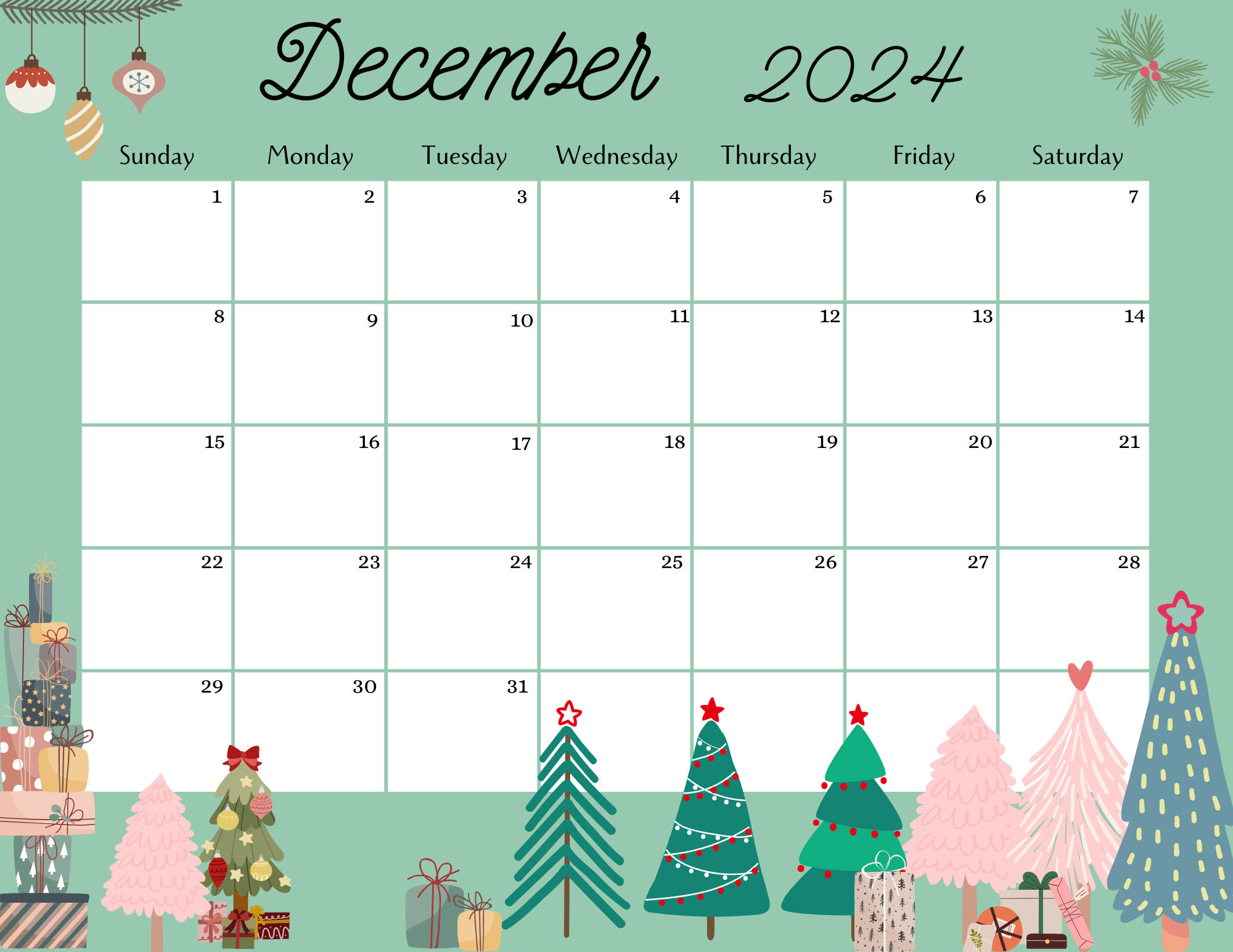 Editable December 2024 Calendar, Fillable Printable Digital with Christmas Themed 2024 December Printable Calendar