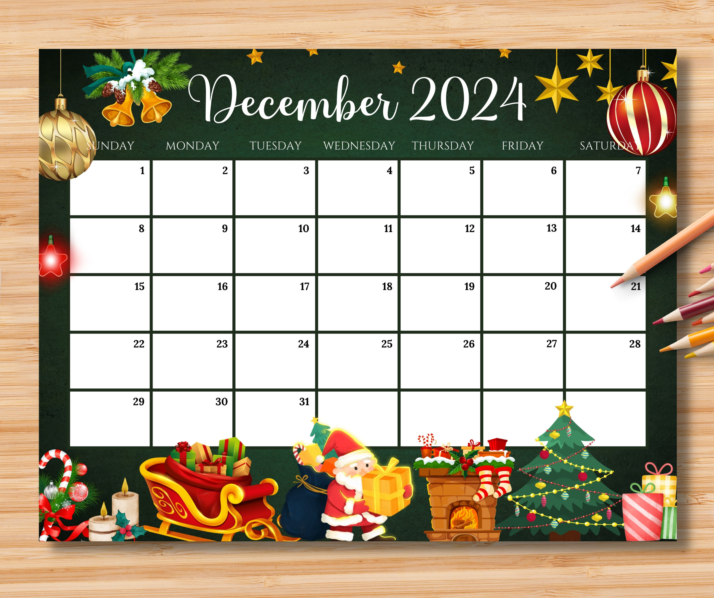 Editable December 2024 Calendar, Gorgeous Christmas With Santa for Christmas Themed 2024 December Printable Calendar