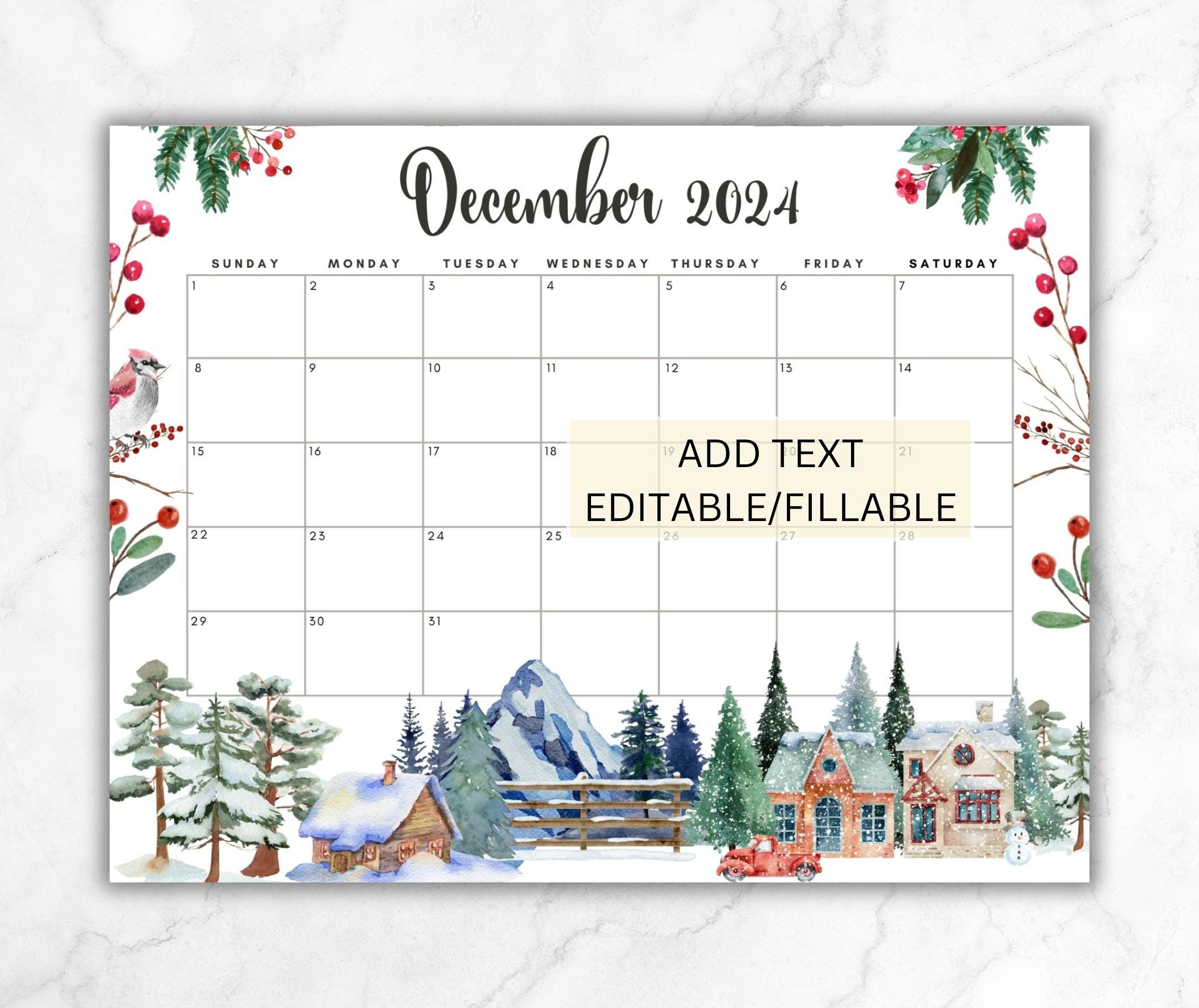 Editable December 2024 Calendar, Printable Wall Calendar 2024 Xmas regarding 2024 December Calendar 8.5X11 Horizontal Printable