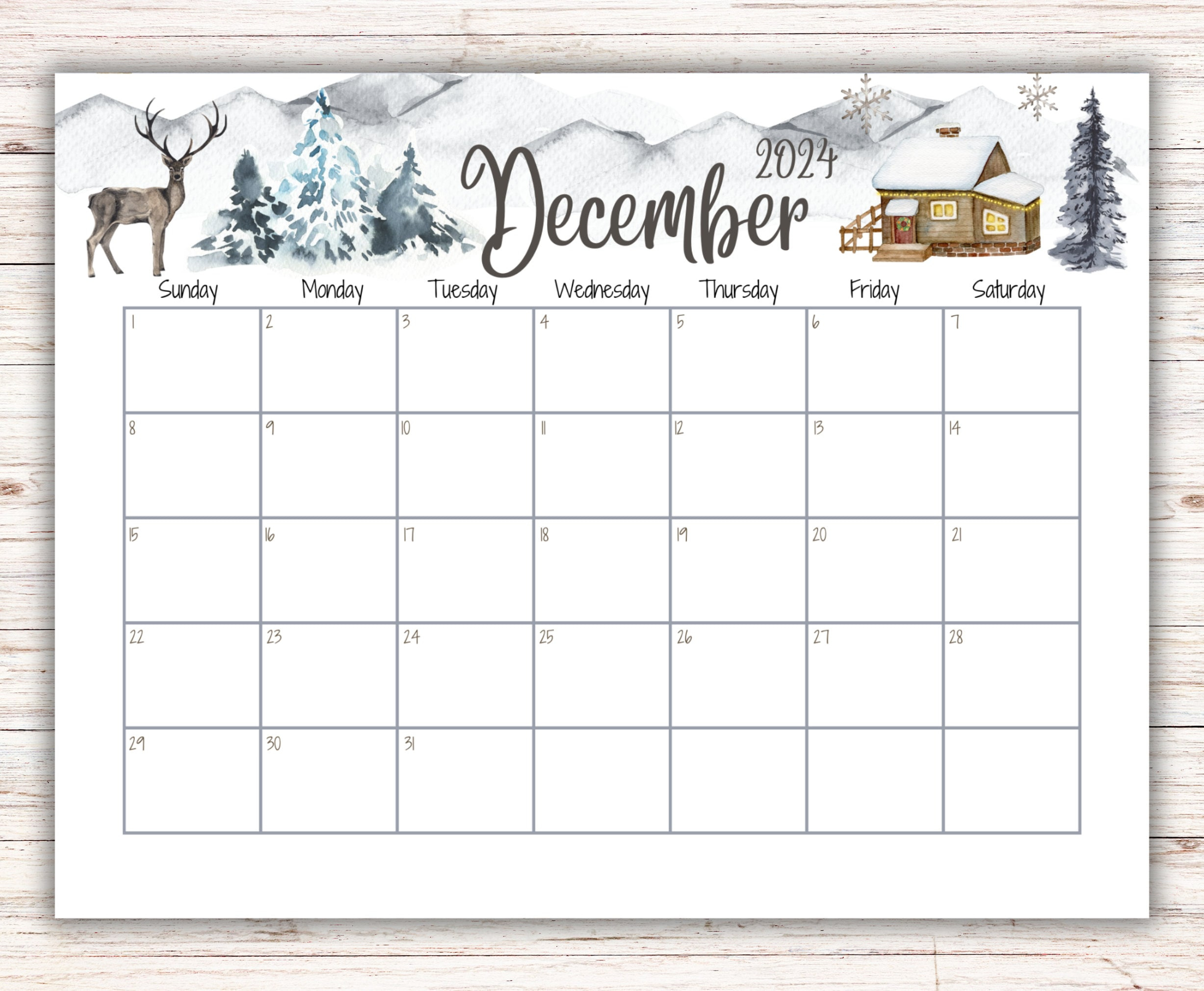 Editable December 2024 Calendar, Snowy House On The Hill And with December 2024 Full Page Printable Calendar