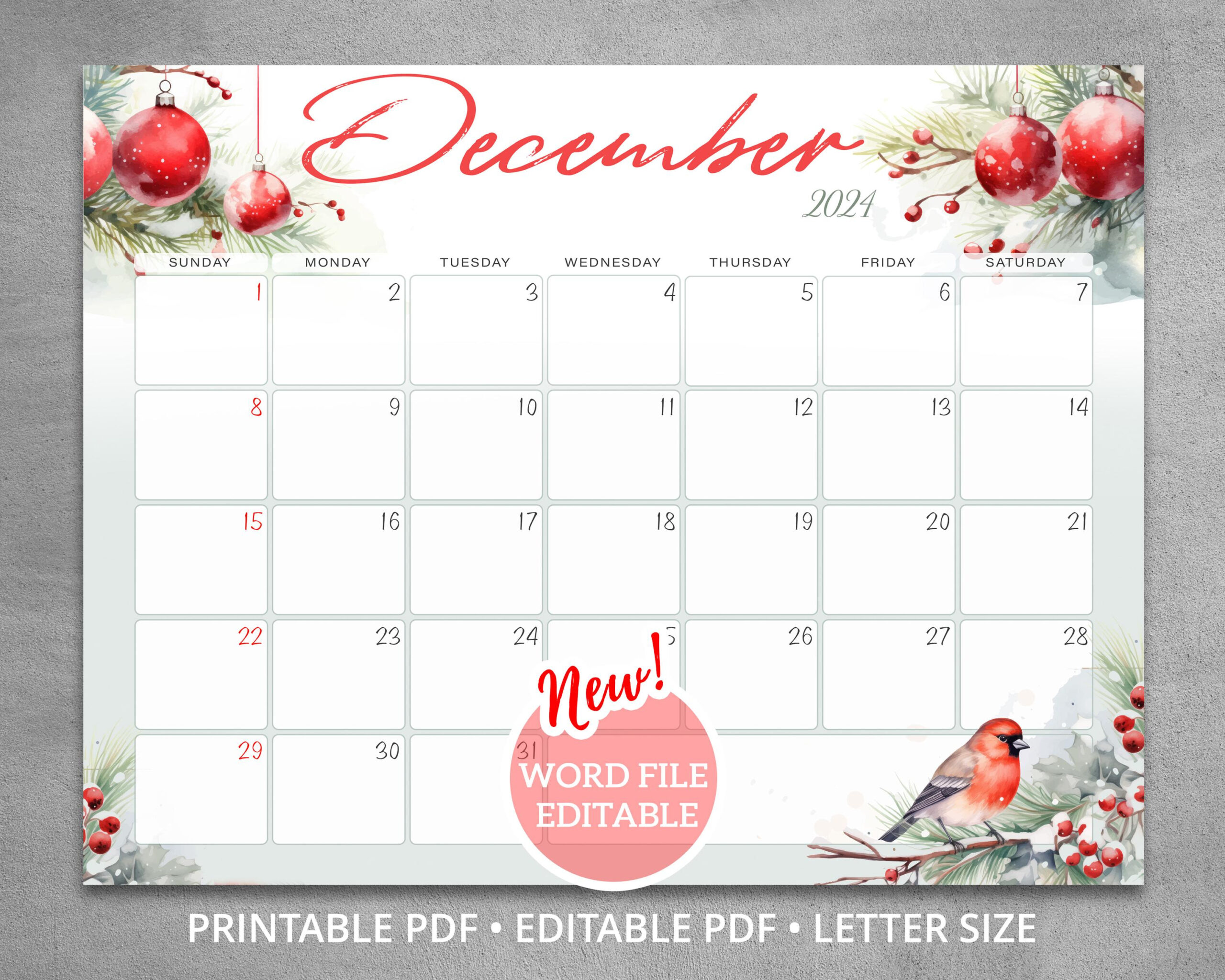 Editable December 2024 Calendar, Wall Calendar Merry Christmas And for 2024 December Calendar 8.5x11 Horizontal Printable