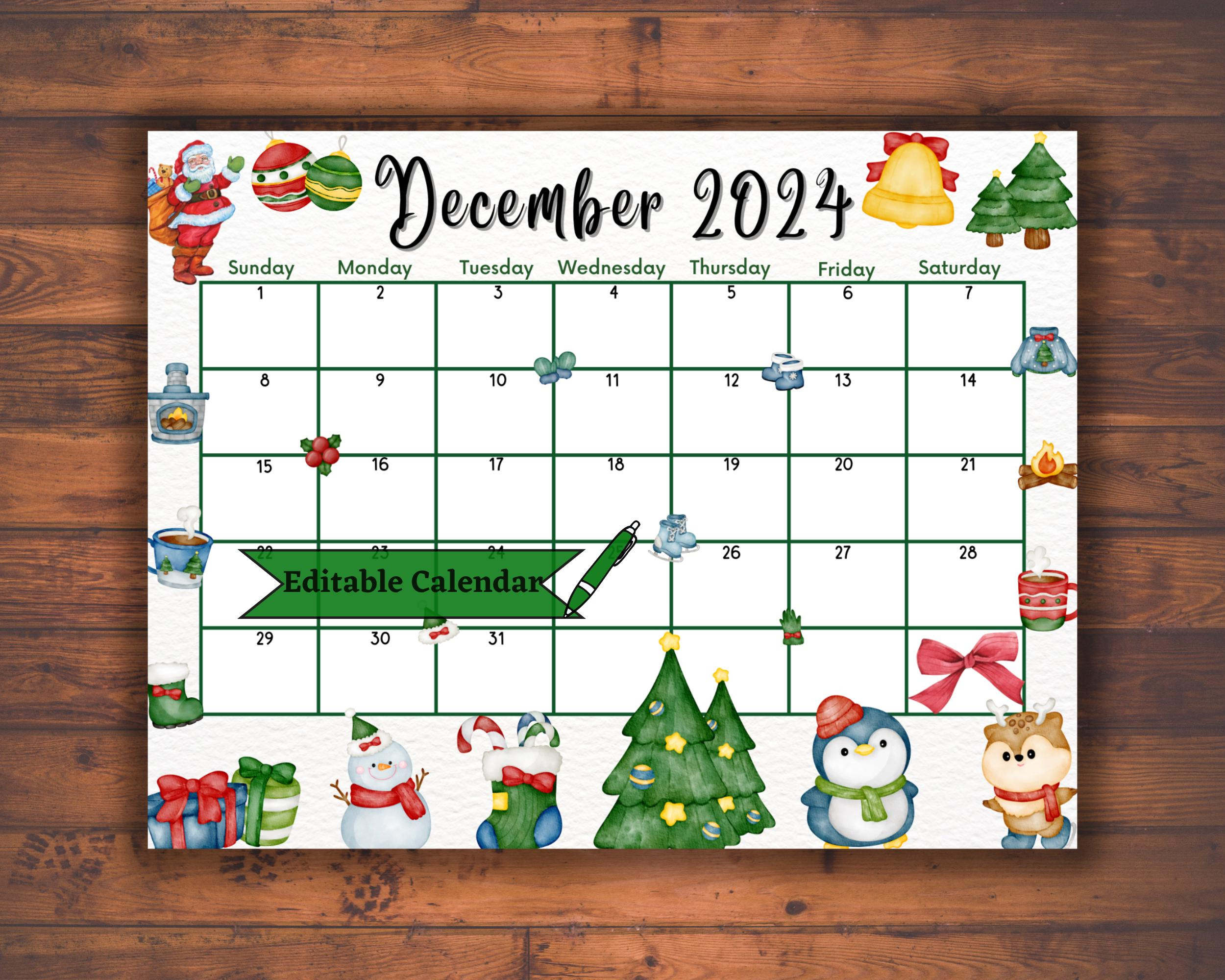 Editable Fillable December 2024 Calendar For Merry Christmas in December 2024 Holiday Calendar Printable