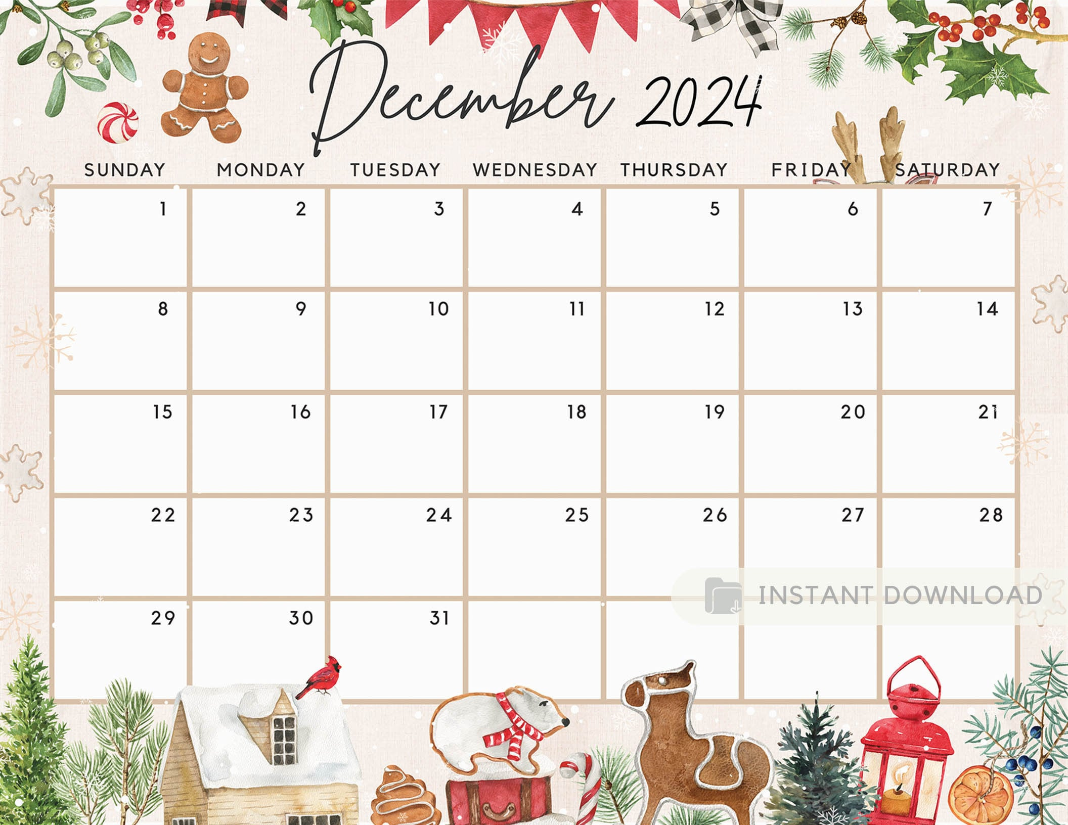 Fillable December 2024 Calendar, Cute Festive Snowy Winter for Christmas Calendar December 2024 Printable