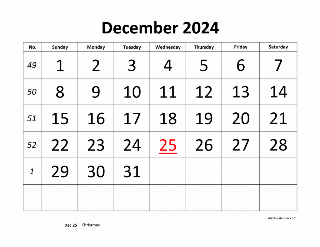 Free Download Printable December 2024 Calendar, Large Font Design in December 2024 Holidays Printable Calendar