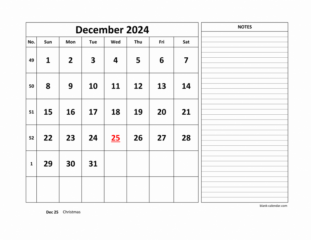 Free Download Printable December 2024 Calendar, Large Space For throughout December 2024 Appointment Calendar Printable