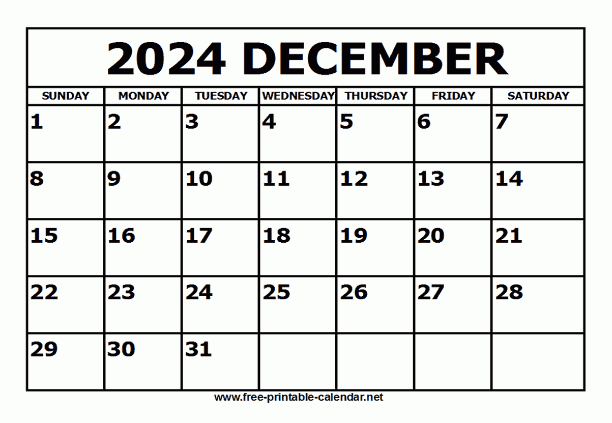 Free Printable December 2024 Calendar in December 2024 Calendar Free Printable Clipart