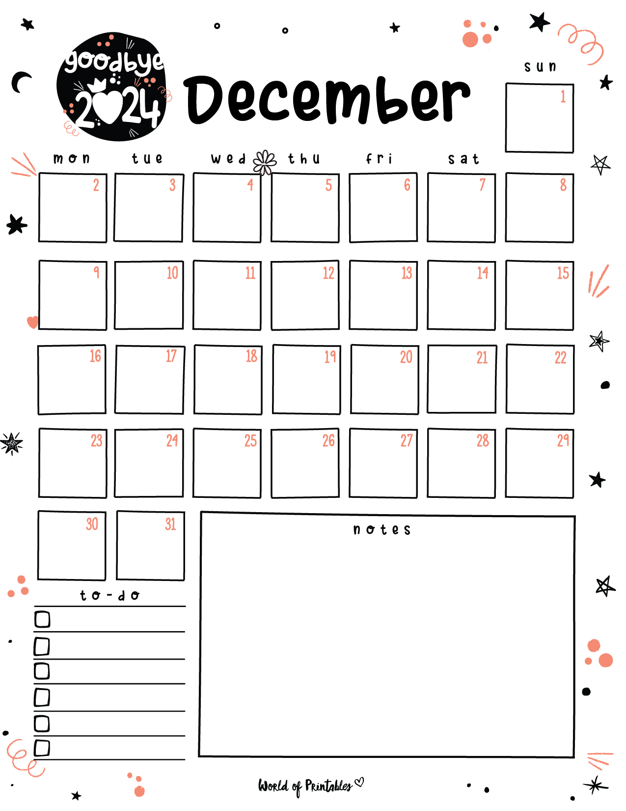 Free Printable December 2024 Planners - World Of Printables with regard to Blank Things to Do List Calendar For December 2024 Printable