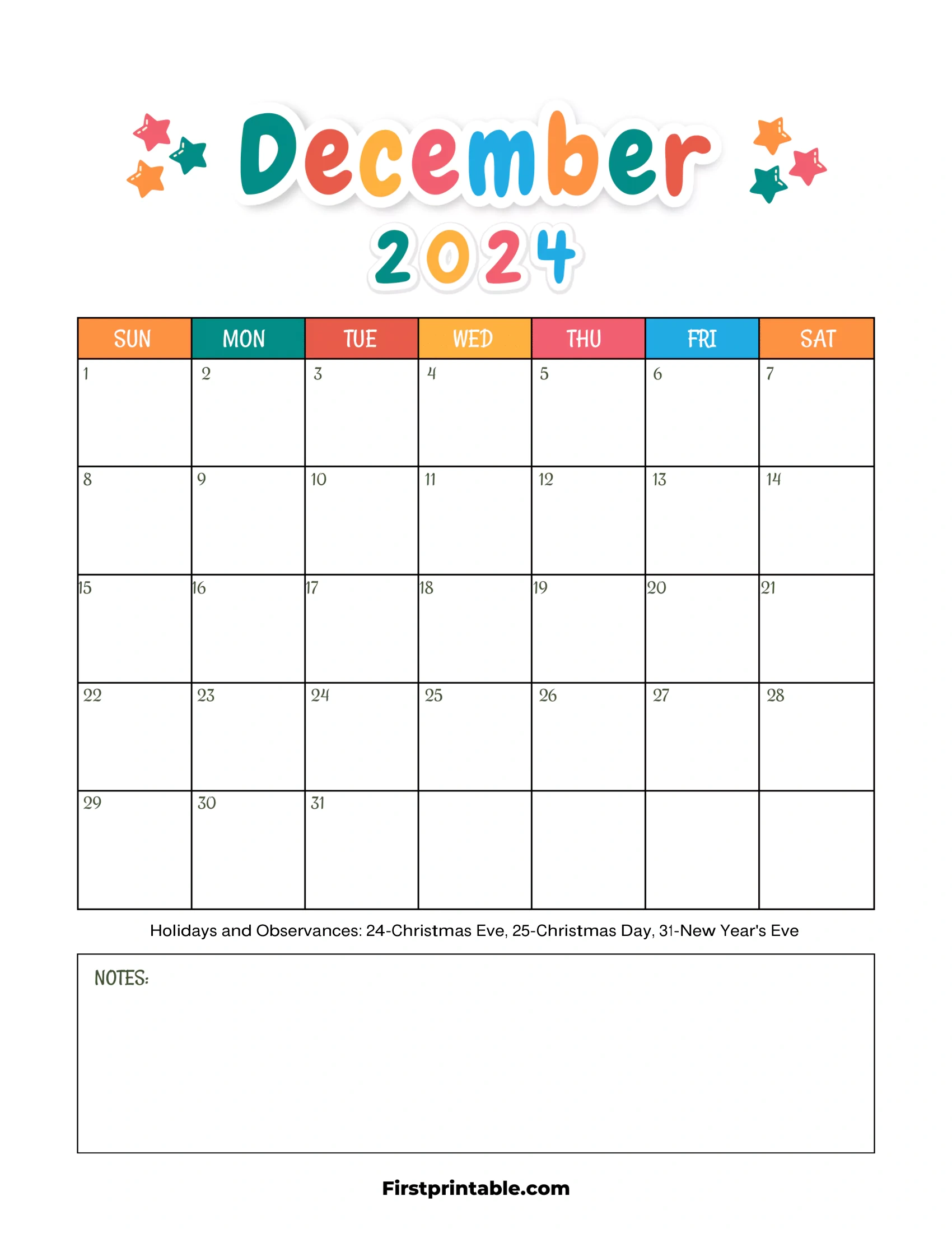 Free Printable &amp;amp; Fillable December Calendars 2024 for December 2024 Calendar Printable Kids