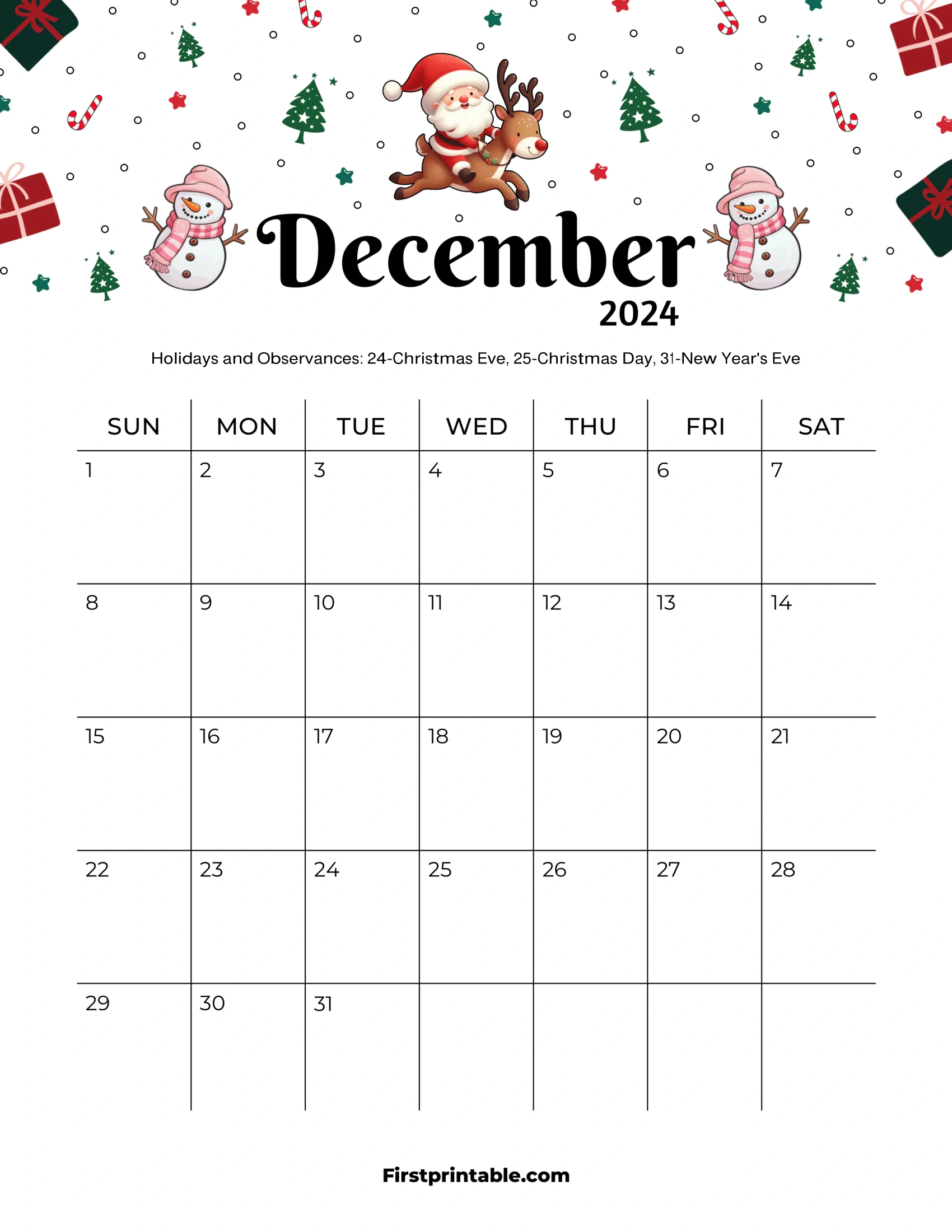 Free Printable &amp; Fillable December Calendars 2024 in Christmas Themed December 2024 Printable Calendar