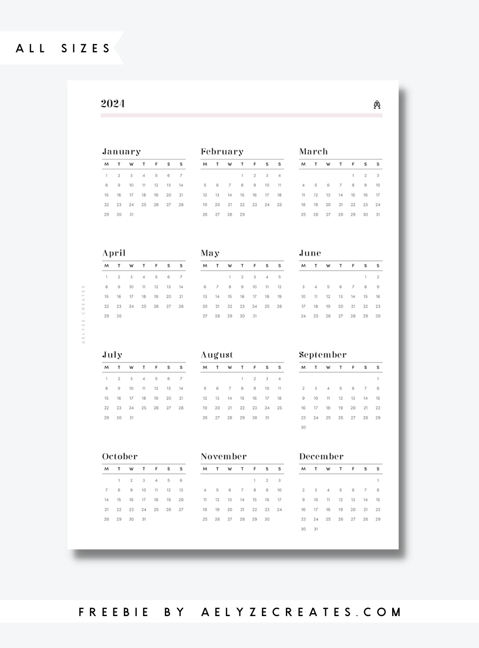 Freebie - All Sizes - 2024 Glance - Aelyzecreates in December 2024 Calendar Printable Fit In A5