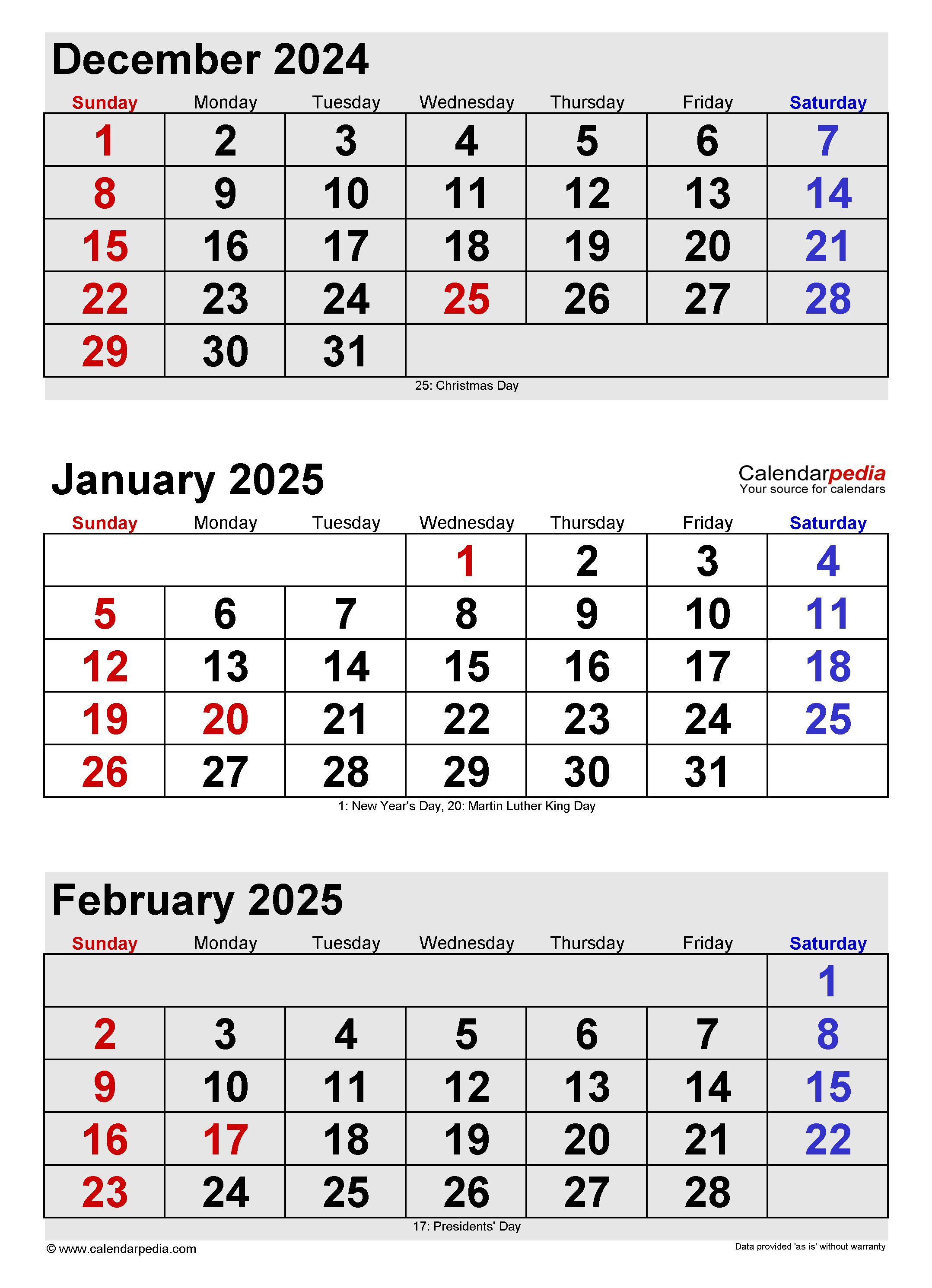 January 2025 Calendar | Templates For Word, Excel And Pdf for Printable 3 Month Calendar December 2024 - January February 2025