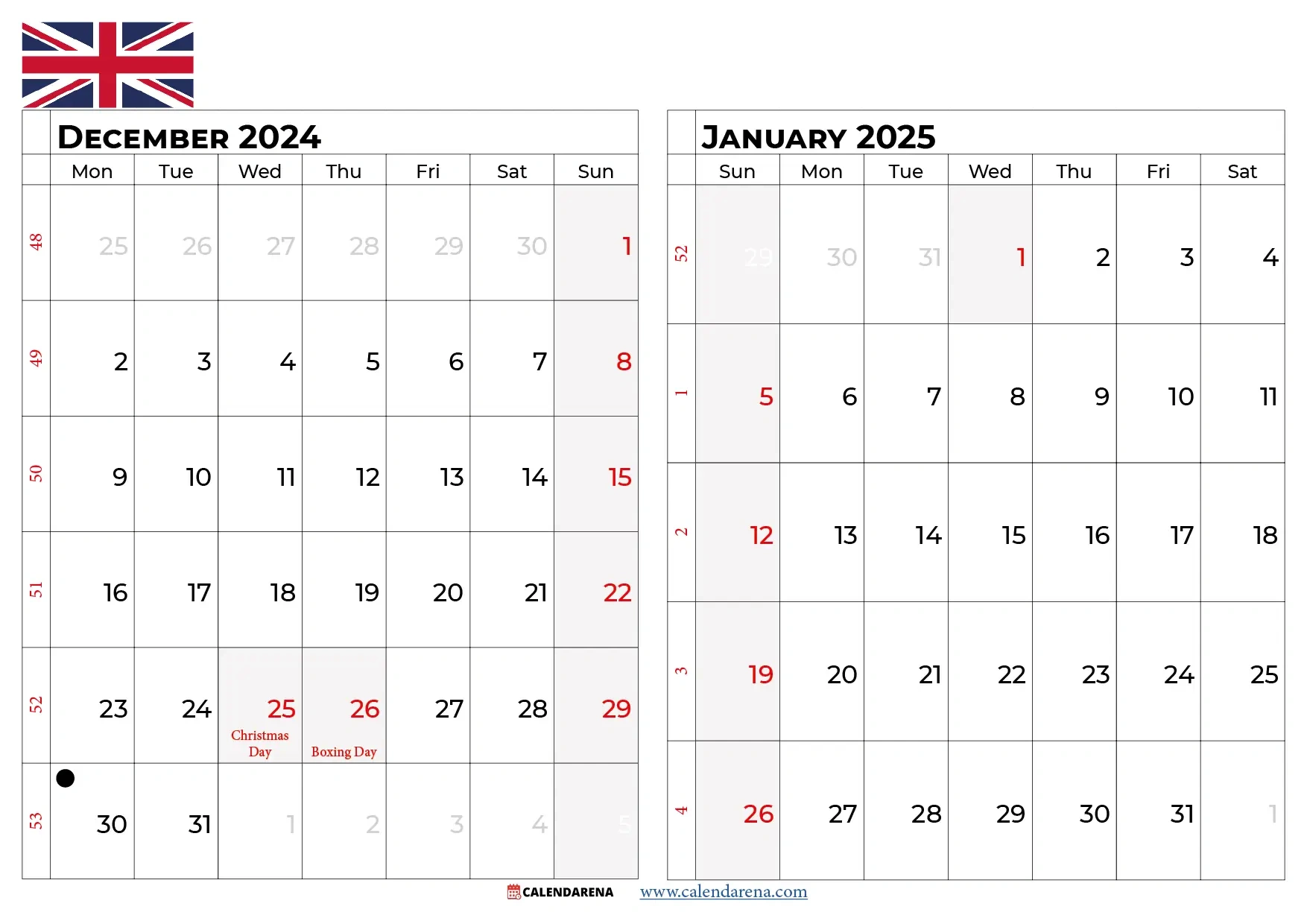 January 2025 Calendar Uk with December 2024 January 2025 Calendar Printable Uk