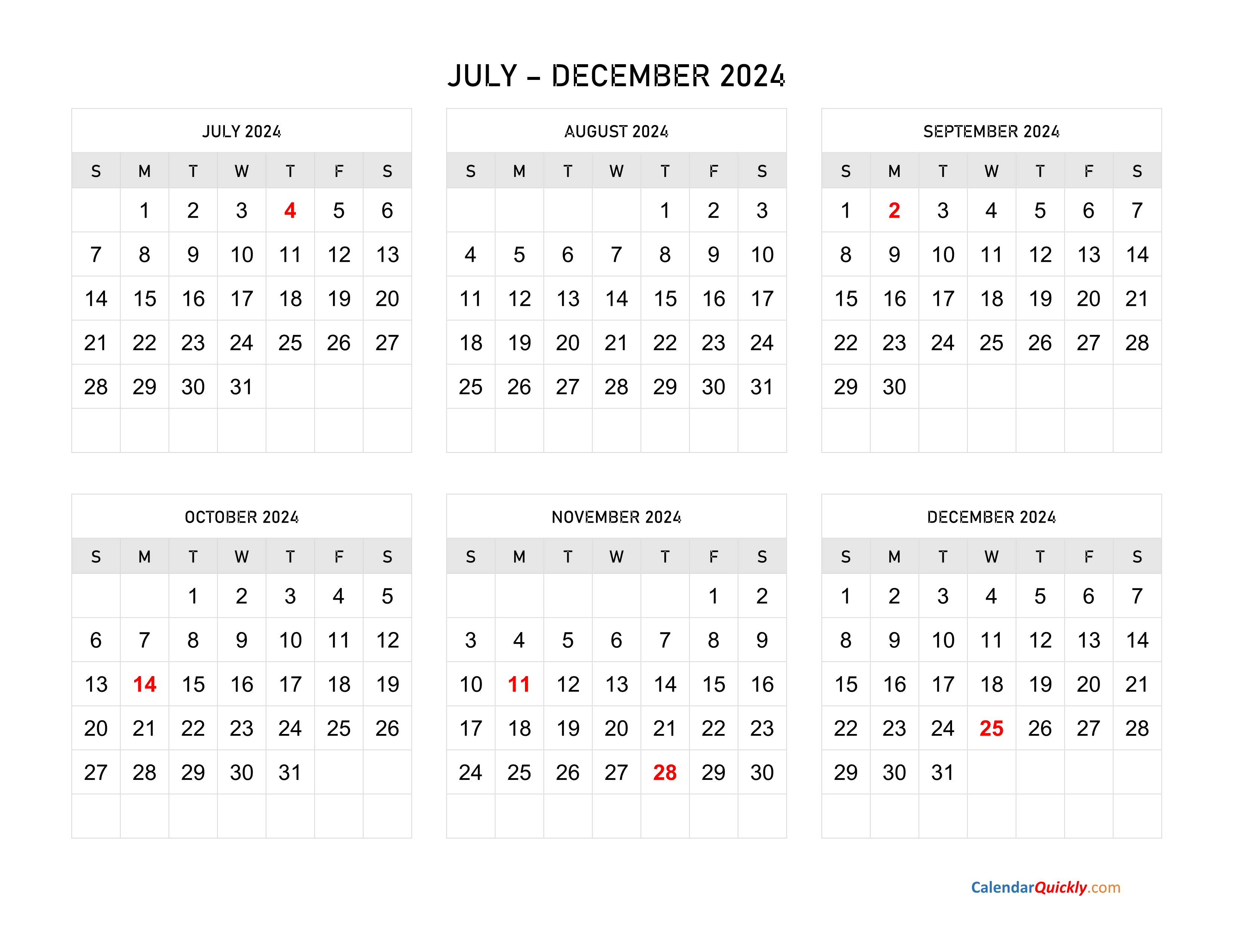 July To December 2024 Calendar Horizontal | Calendar Quickly for 6 Month Calendar July to December 2024 Printable