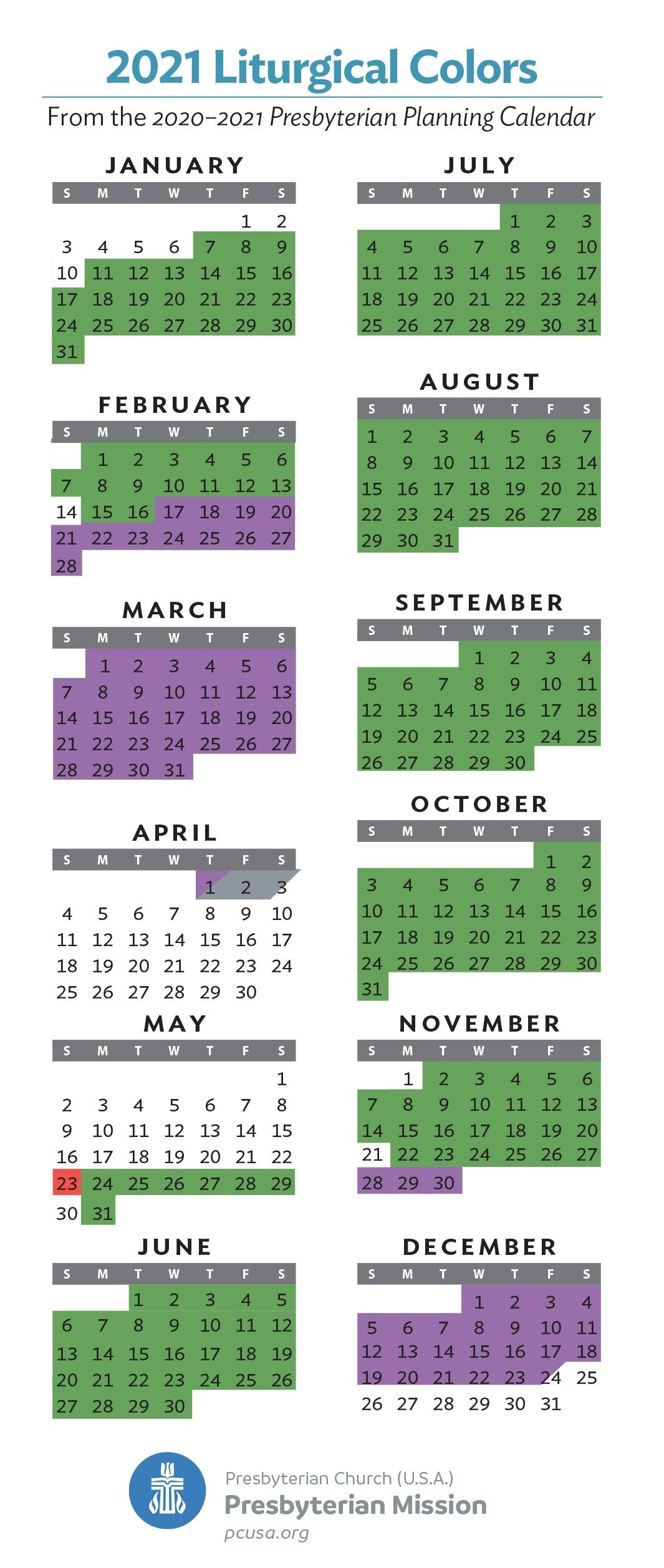 Liturgical Calendar Colors 2021 for 2024 Presbyterian Planning Calendar Printable July December