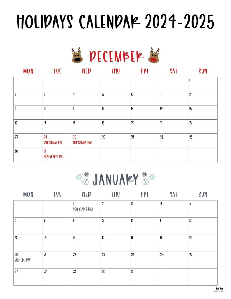 November December 2024 Calendars - 28 Printables | Printabulls for Calendar December 2024 to January 2025 Printable